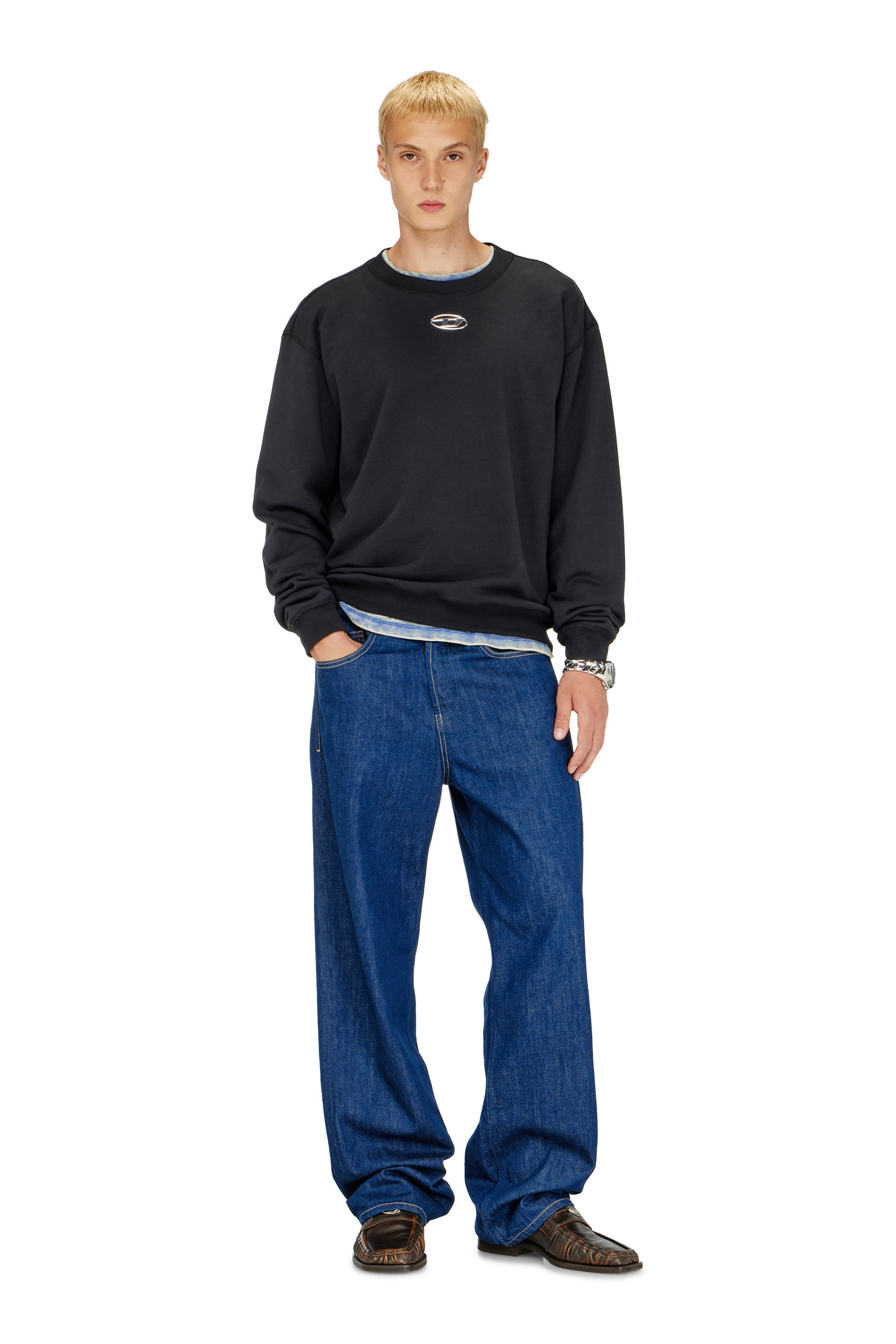 Diesel - S-NORM-IOD, Man's Regular sweatshirt with metallic Oval D in Black - 1