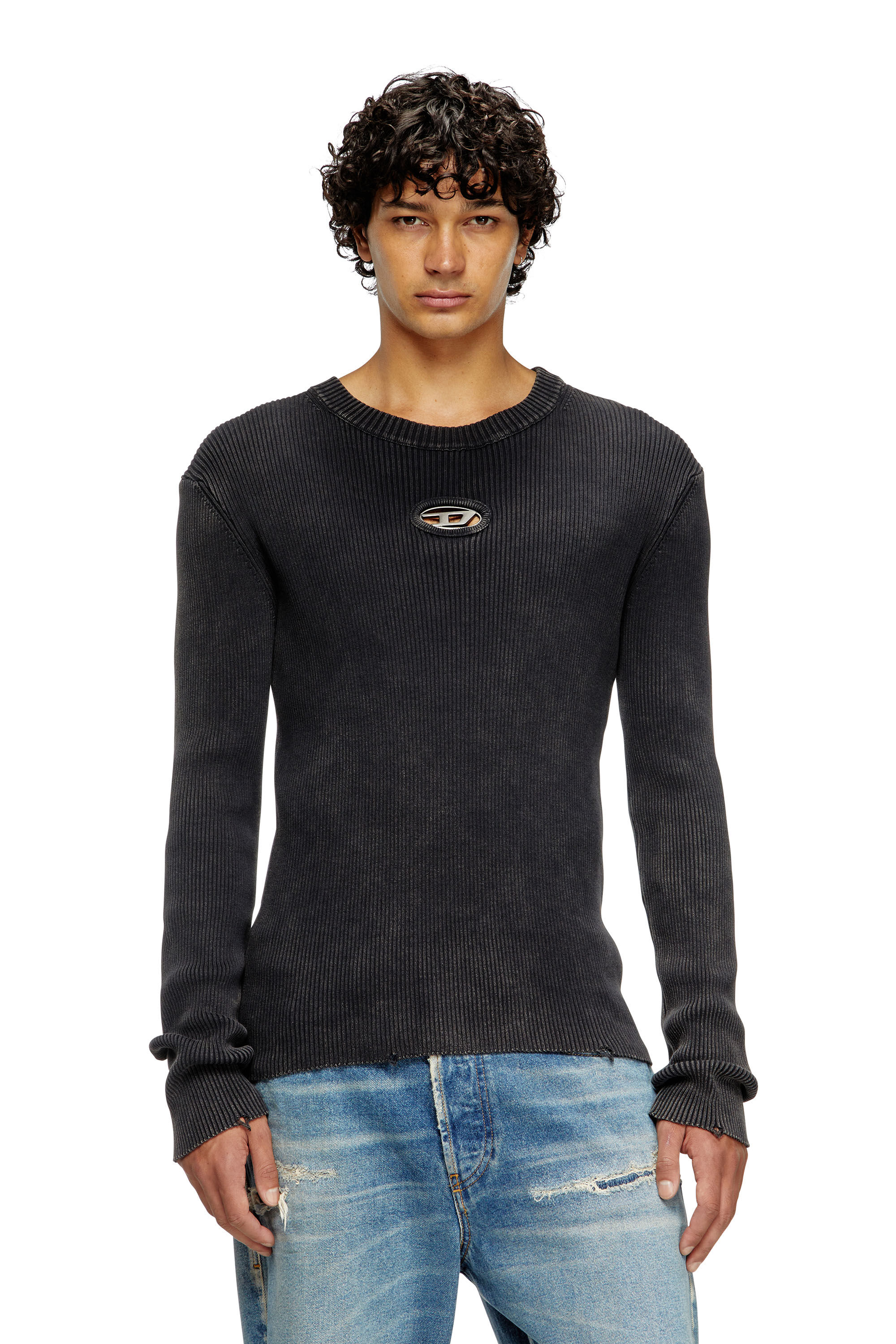 Men's Distressed jumper with cut-out logo | Black | Diesel