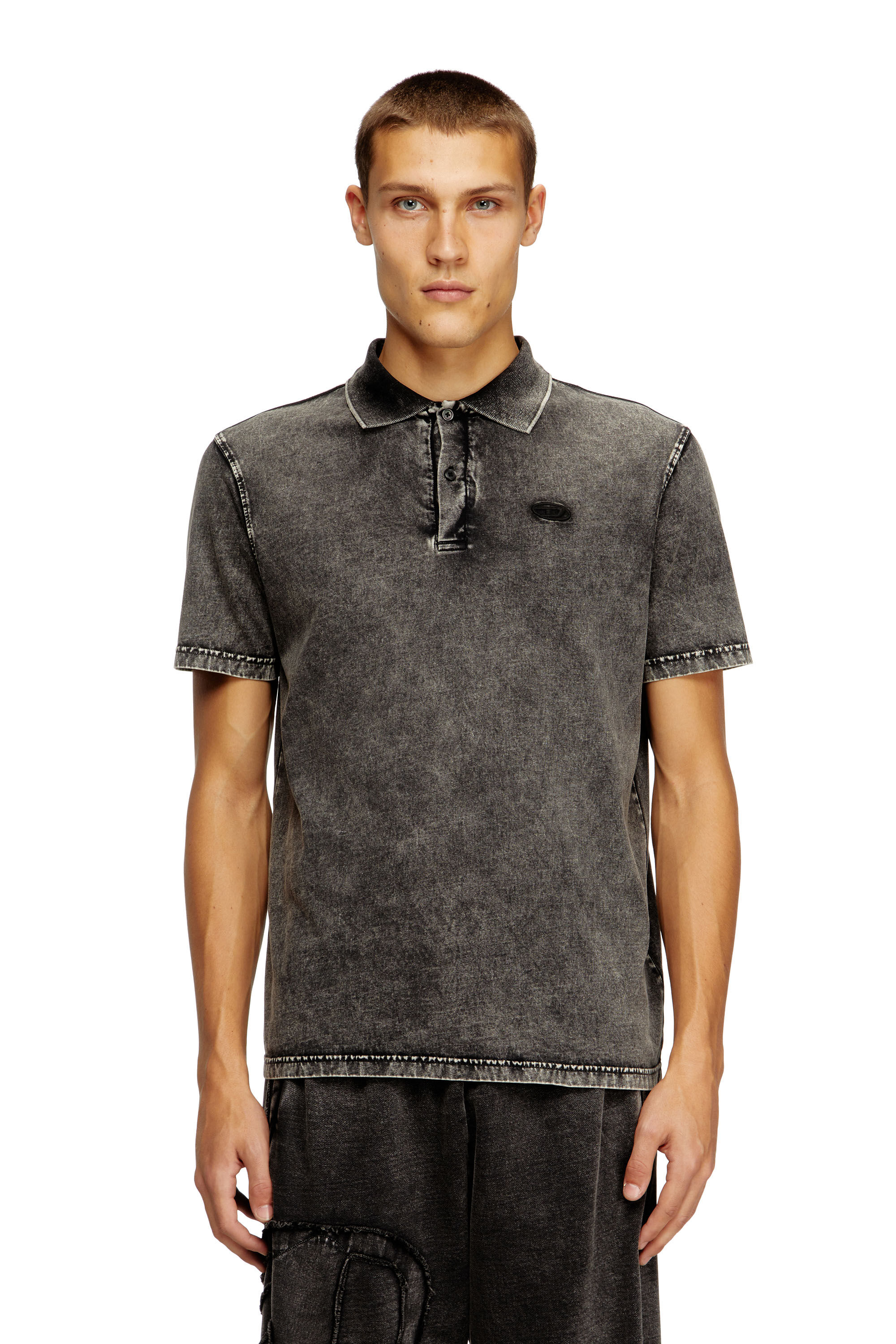 Diesel - T-REJUST-NC-DEN, Man's Polo shirt in denim-effect jersey in Dark grey - 3
