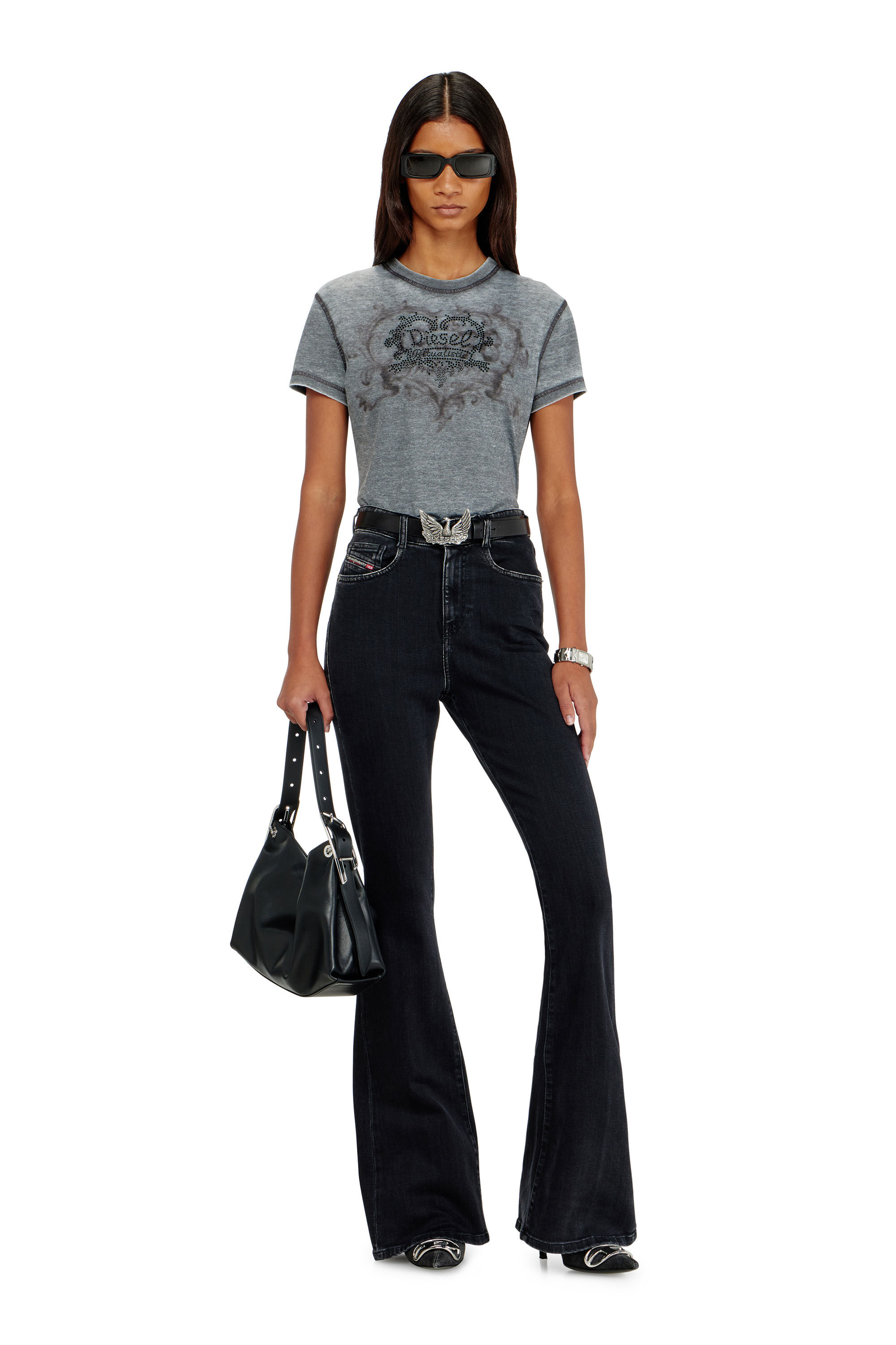 Diesel - T-ILA-AA1, Woman's Jersey t-shirt with rhinestones and burnout effect in Grey - 1