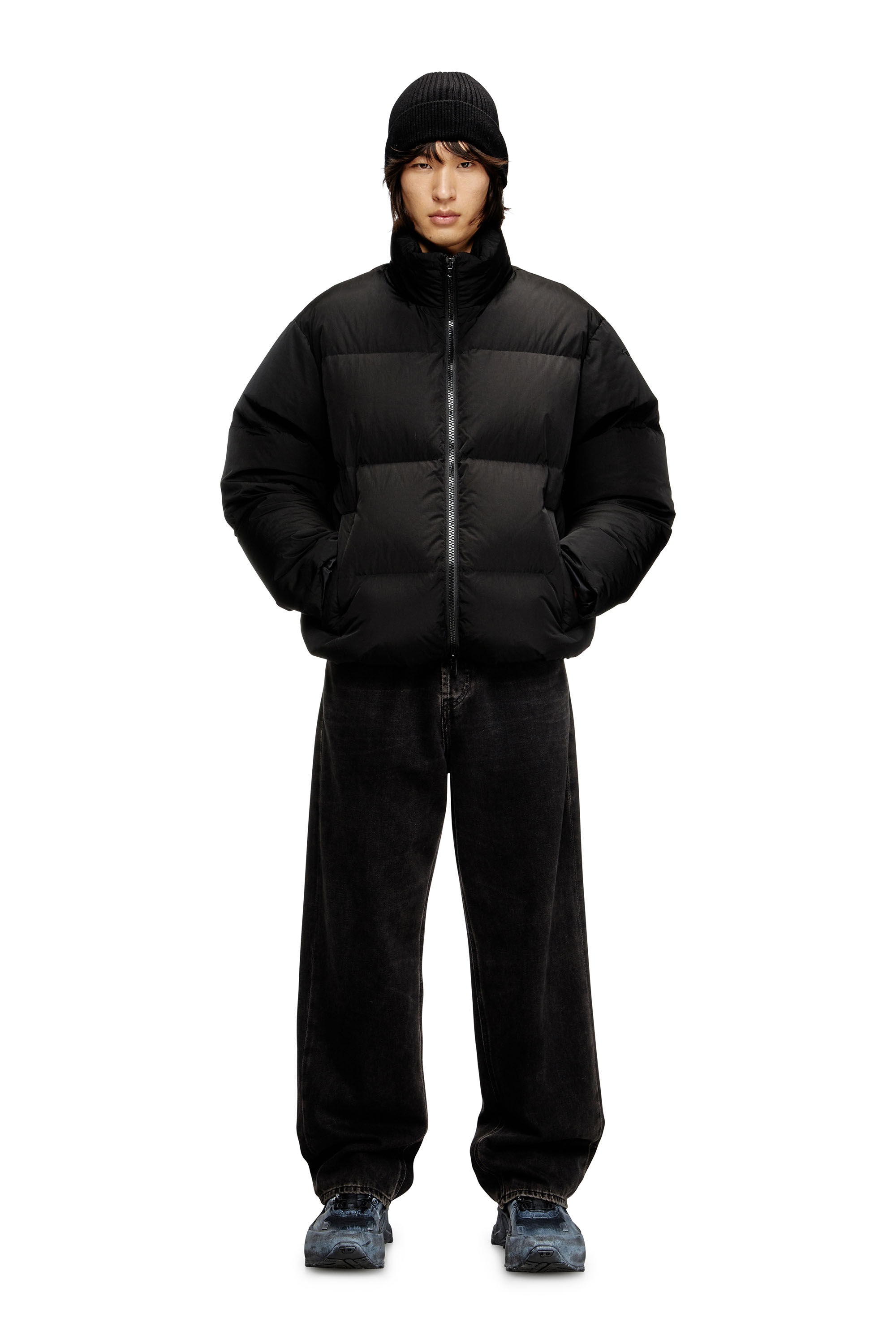 Diesel - W-RAVEEL, Man's Hooded down jacket in wrinkled nylon in Black - 1