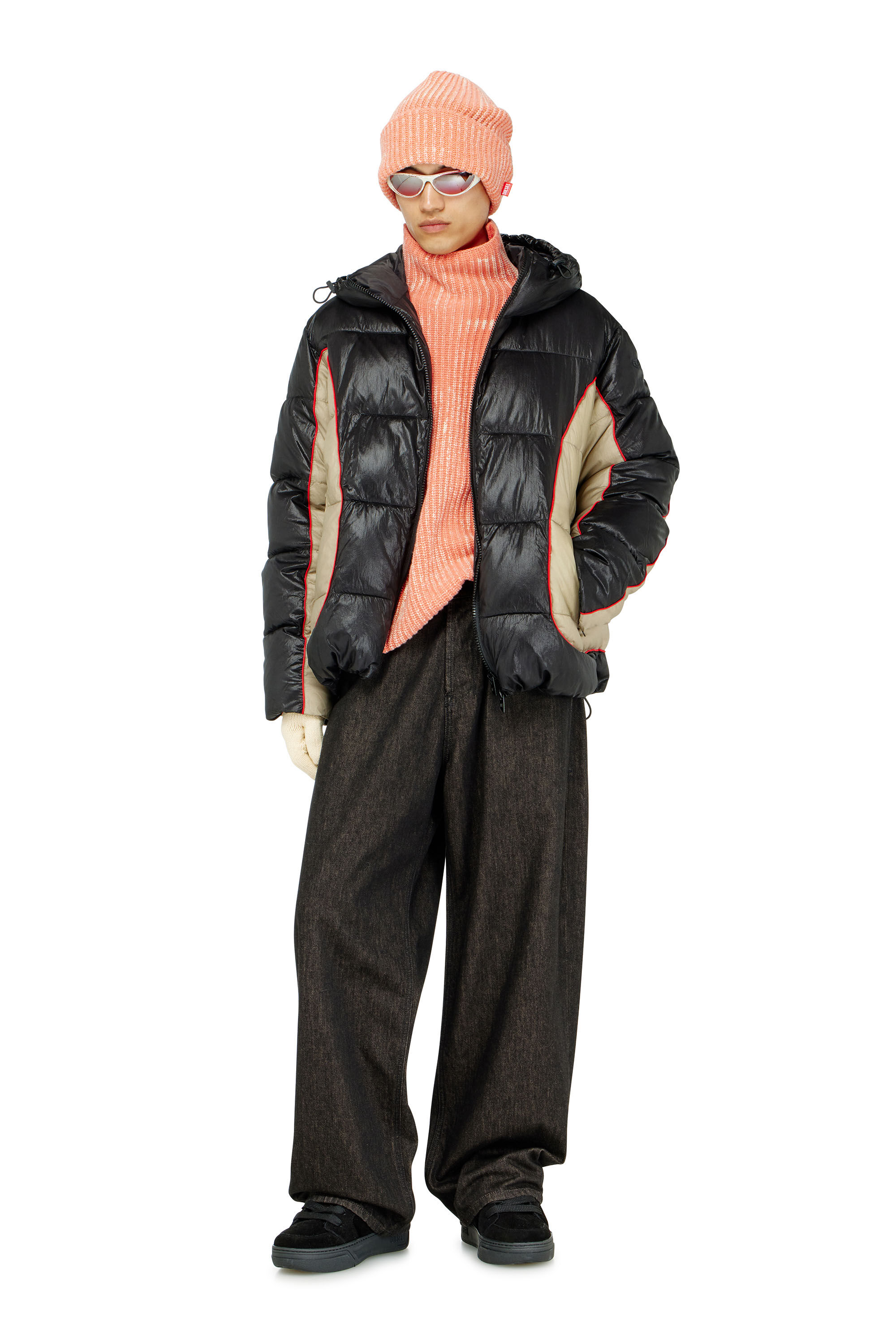 Diesel - W-OSTEND, Man's Hooded puffer jacket in shiny ripstop in Black/Beige - 1