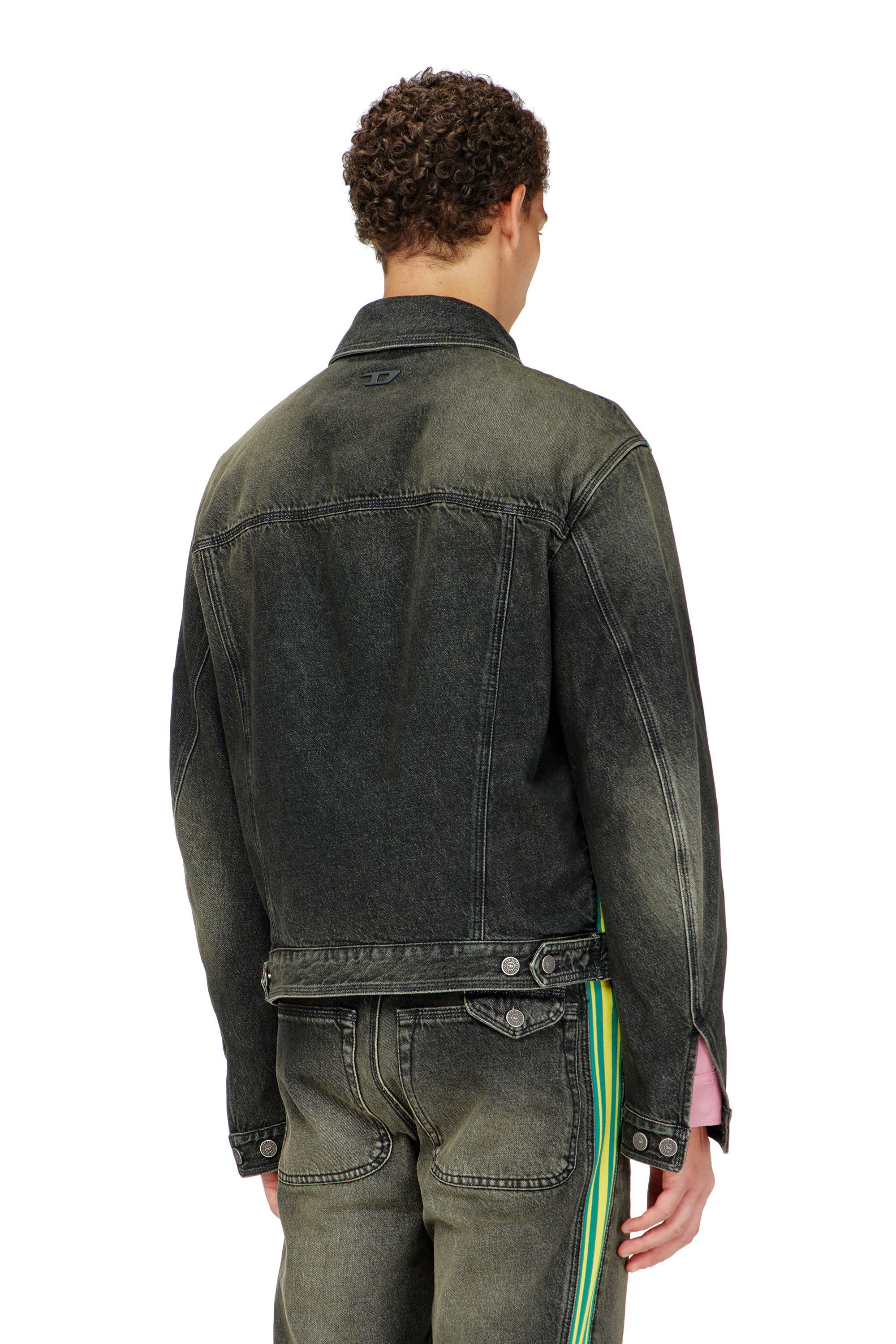 Diesel - D-BAS-FSJ1, Man's Trucker jacket with striped shoulder bands in Black/Dark grey - 3
