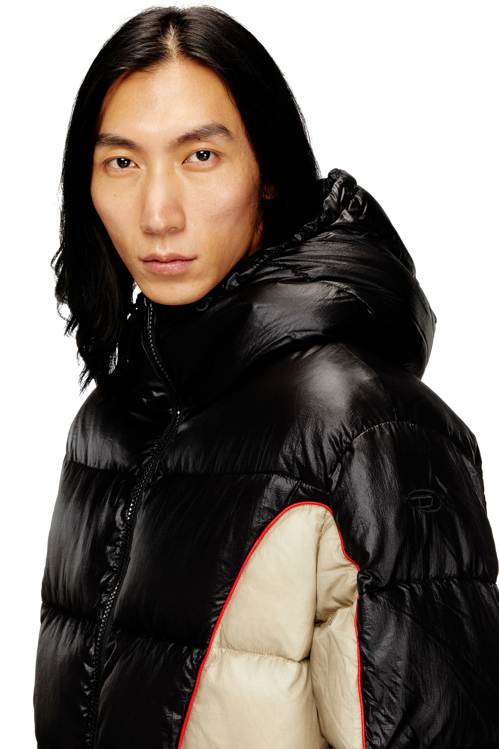 d*4様 archive diesel flare sleeve jacket Men's Hooded puffer jacket in shiny ripstop | Multicolor | Diesel