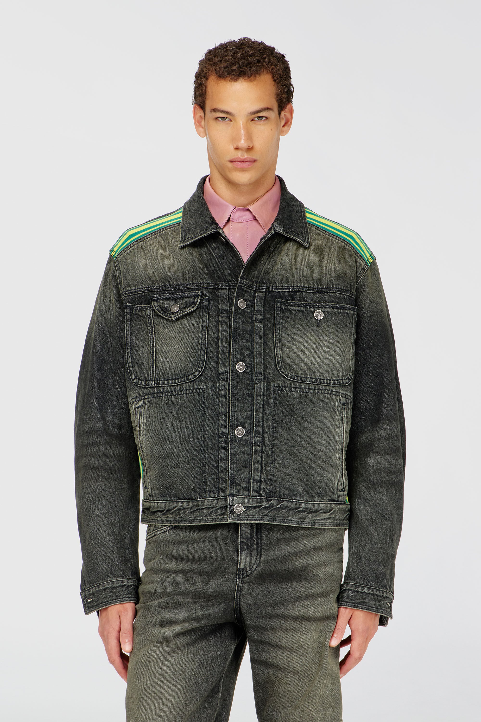 Diesel - D-BAS-FSJ1, Man's Trucker jacket with striped shoulder bands in Dark grey - 3