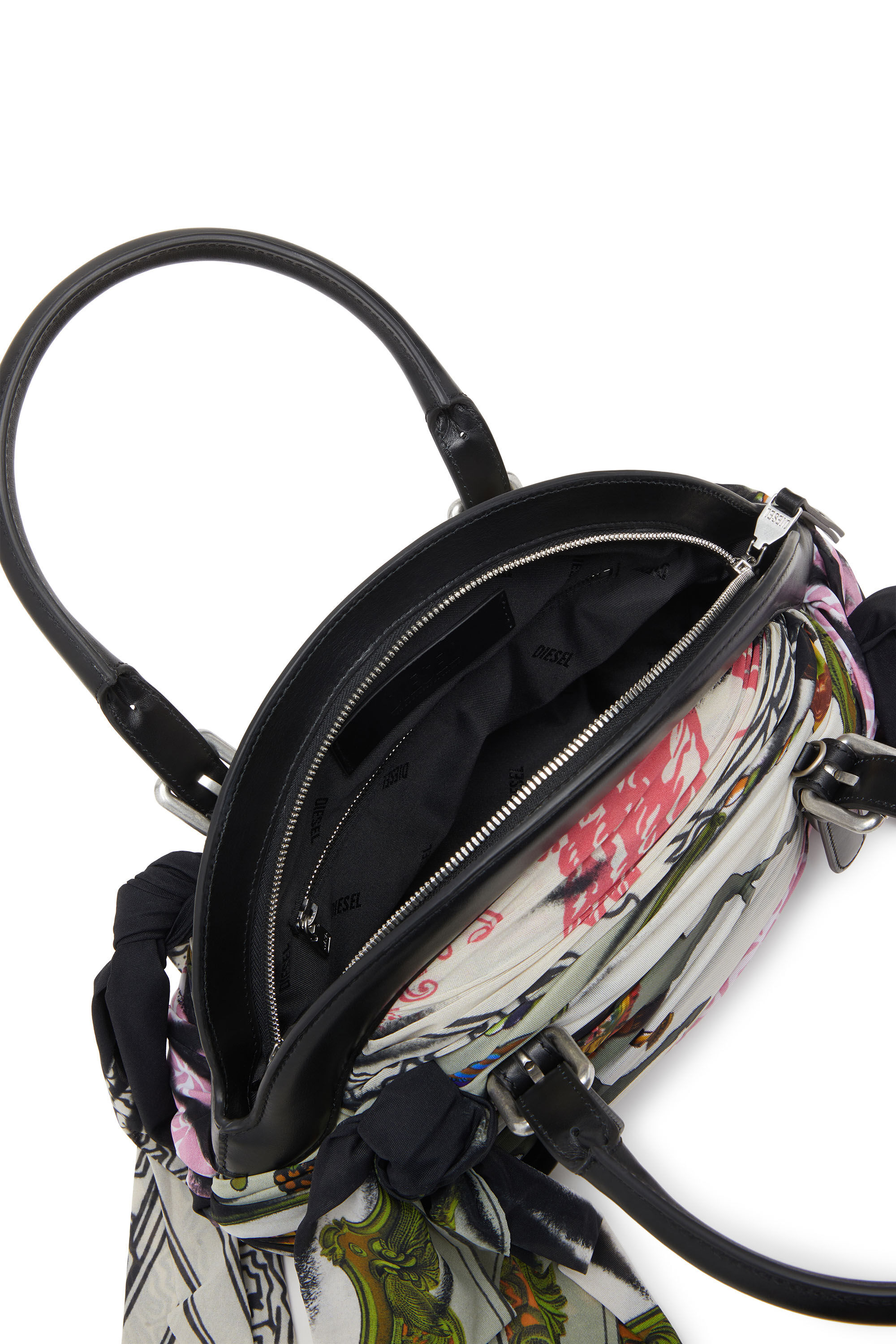 Diesel - TRASH-D TOP HANDLE, Woman's Trash-D-Bandana handbag in leather and jersey in Black/White - 5