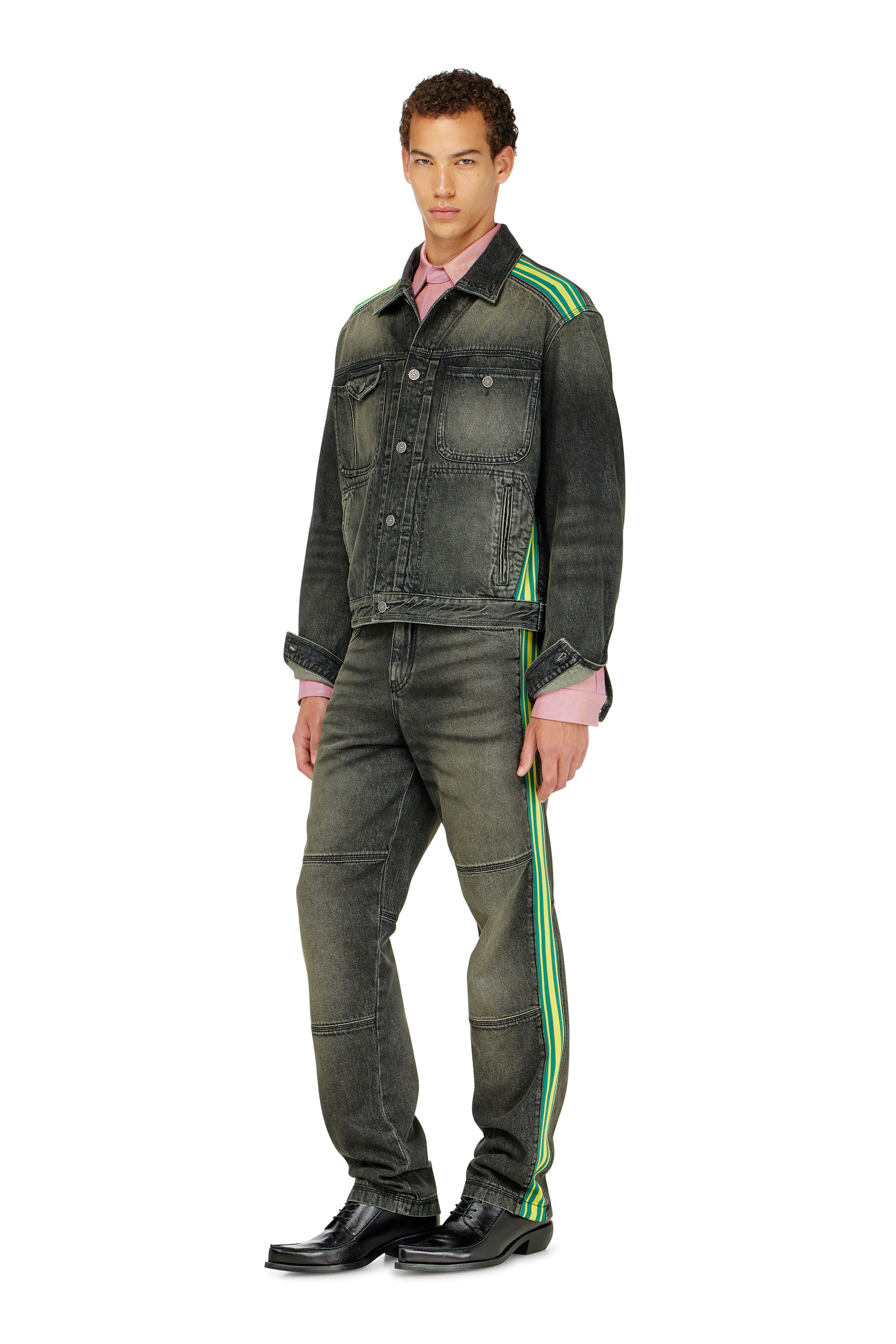 Diesel - D-BAS-FSJ1, Man's Trucker jacket with striped shoulder bands in Black/Dark grey - 1