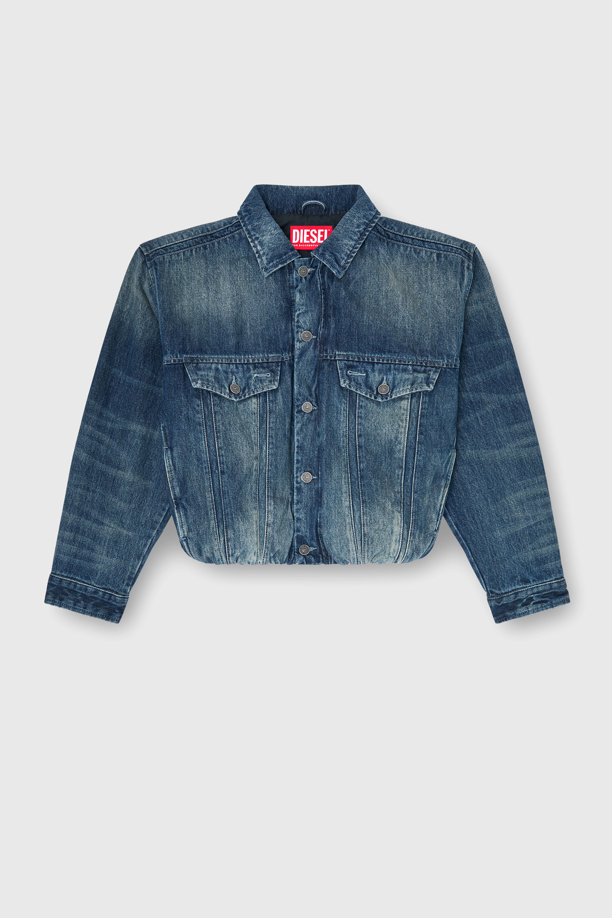 Diesel - DE-MORVI-FSJ, Woman's Elasticated trucker jacket in denim in Dark Blue - 2