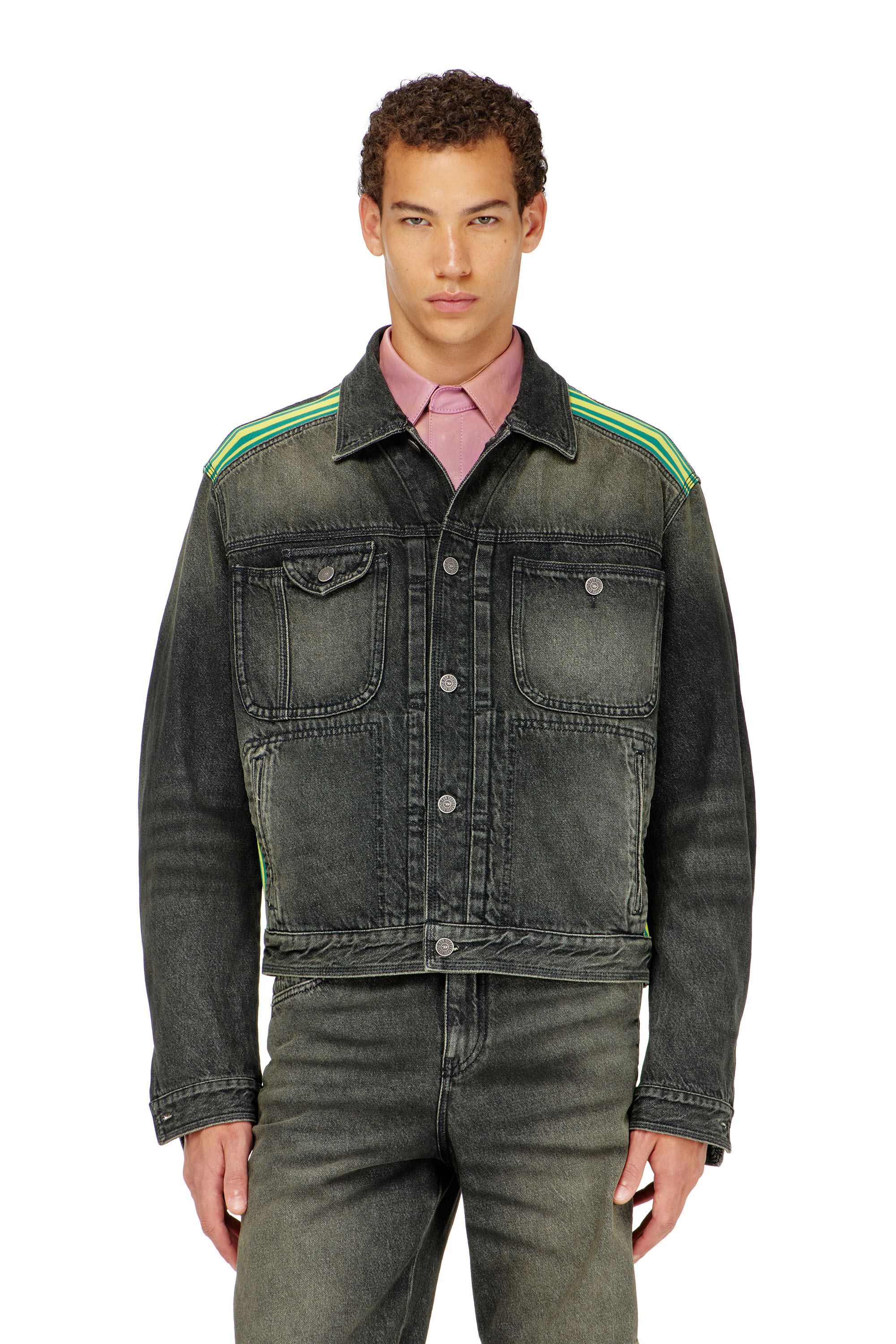 Diesel - D-BAS-FSJ1, Man's Trucker jacket with striped shoulder bands in Black/Dark grey - 2