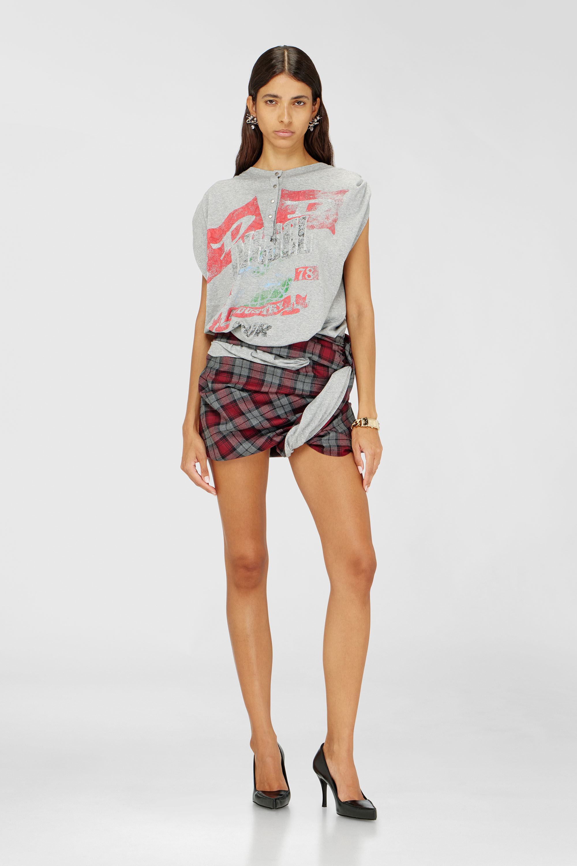 Diesel - J-VOXA-CHECK, Woman's Playsuit in jersey and check wool in Red/Grey - 3