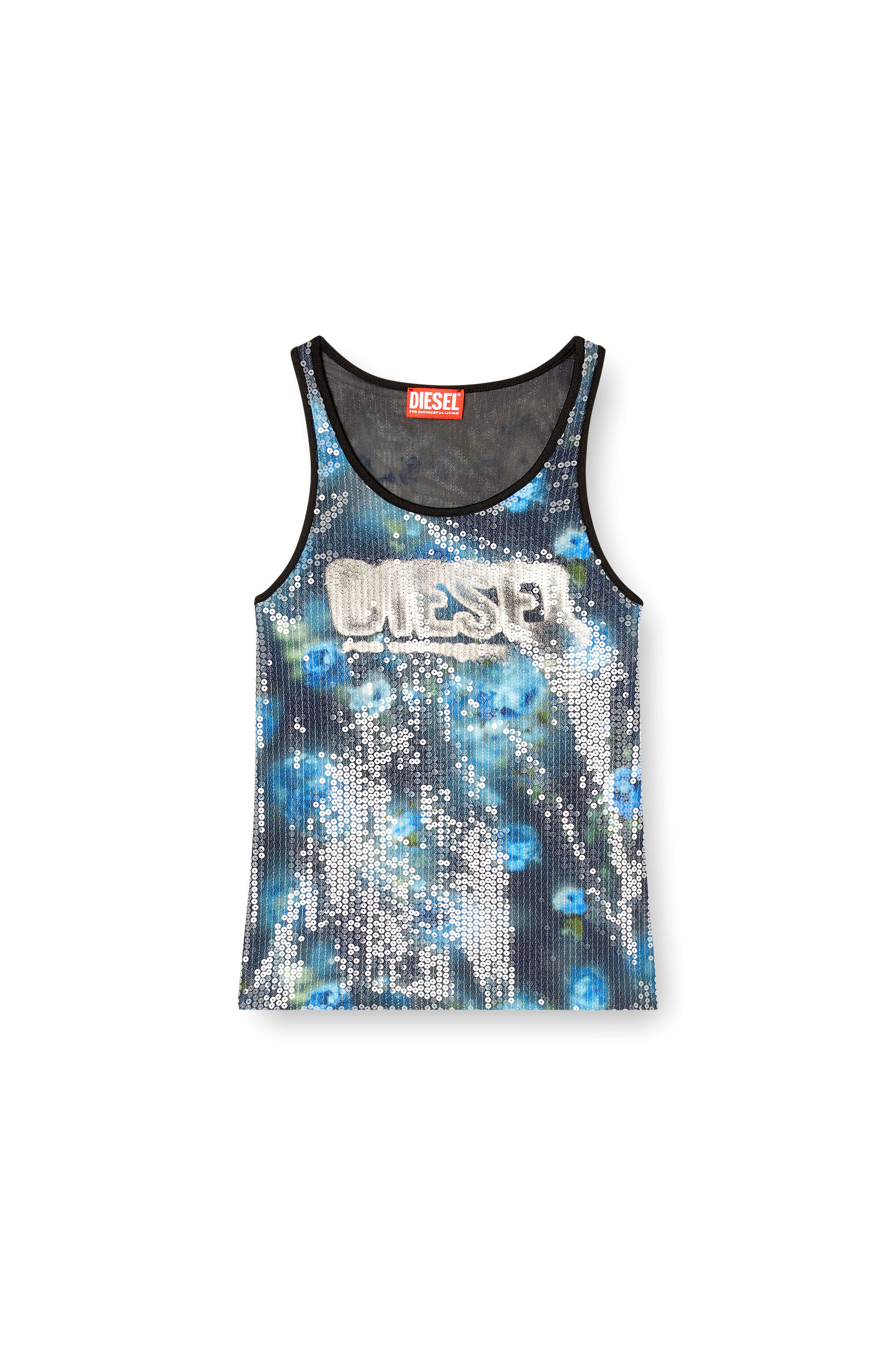 Diesel - T-UNKY, Woman's Floral print jersey top with sequins in Blue - 2