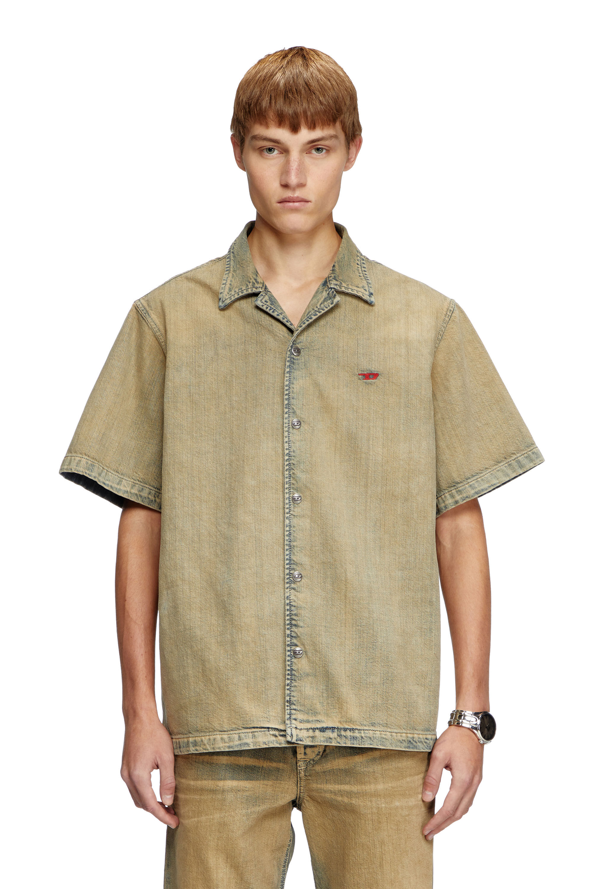 Diesel - D-NABIL-D, Man's Bowling shirt in gold-brush denim in Beige - 3
