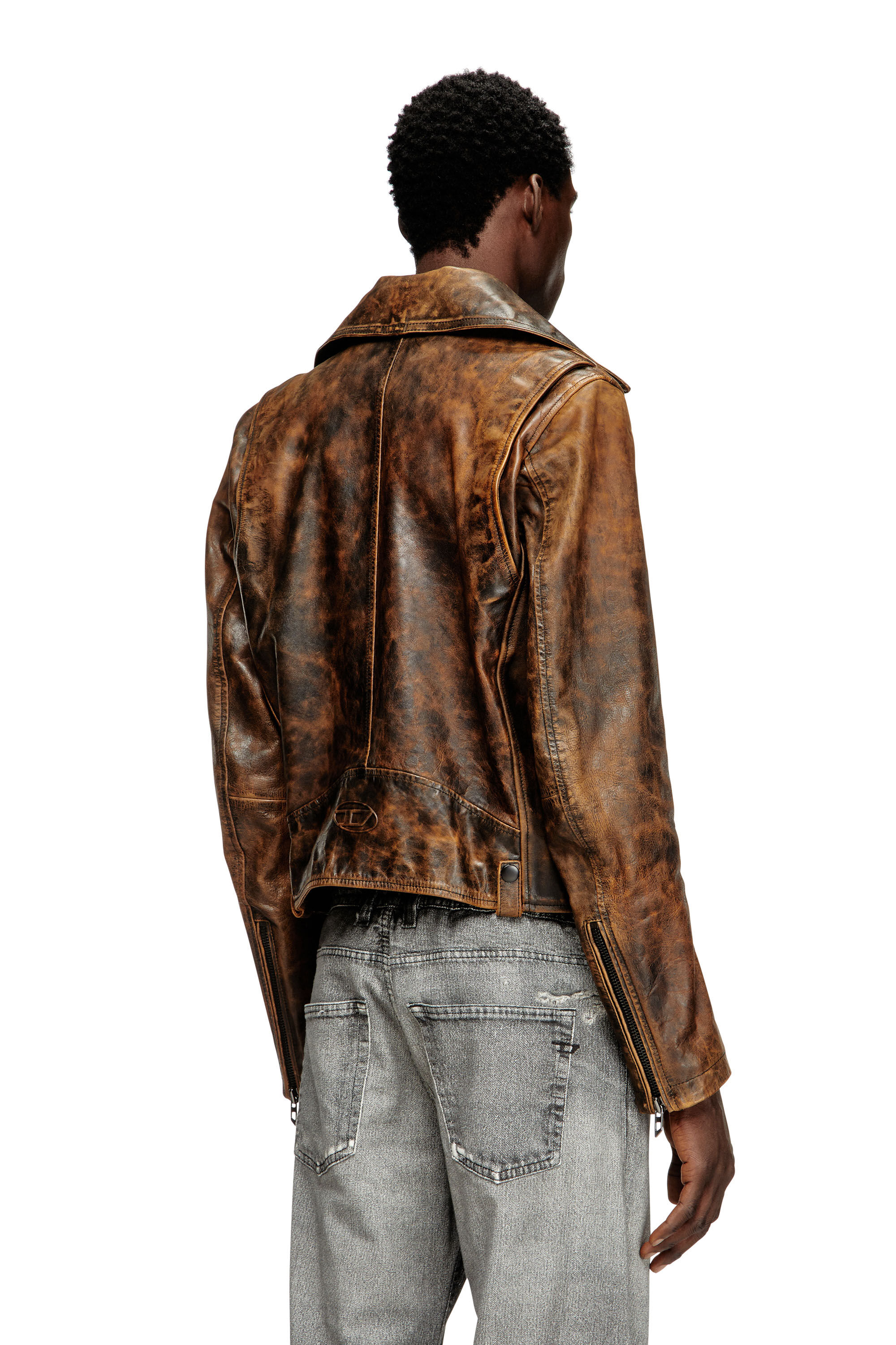 Diesel - L-EON, Man's Biker jacket in treated leather in Brown - 4