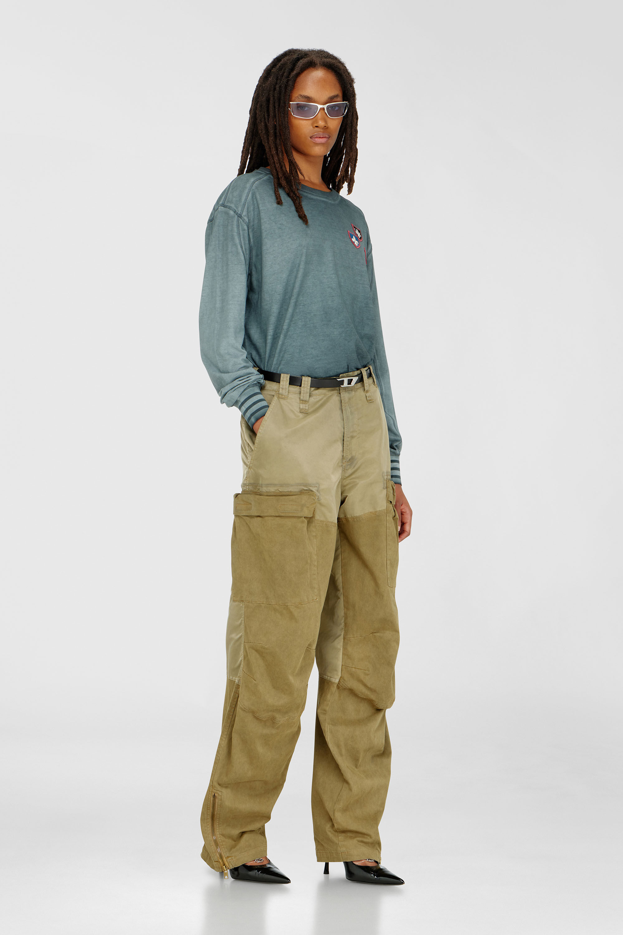 Diesel - T-BAWYE-LS, Woman's T-shirt with patches and microwaffle inserts in Dark Green - 1