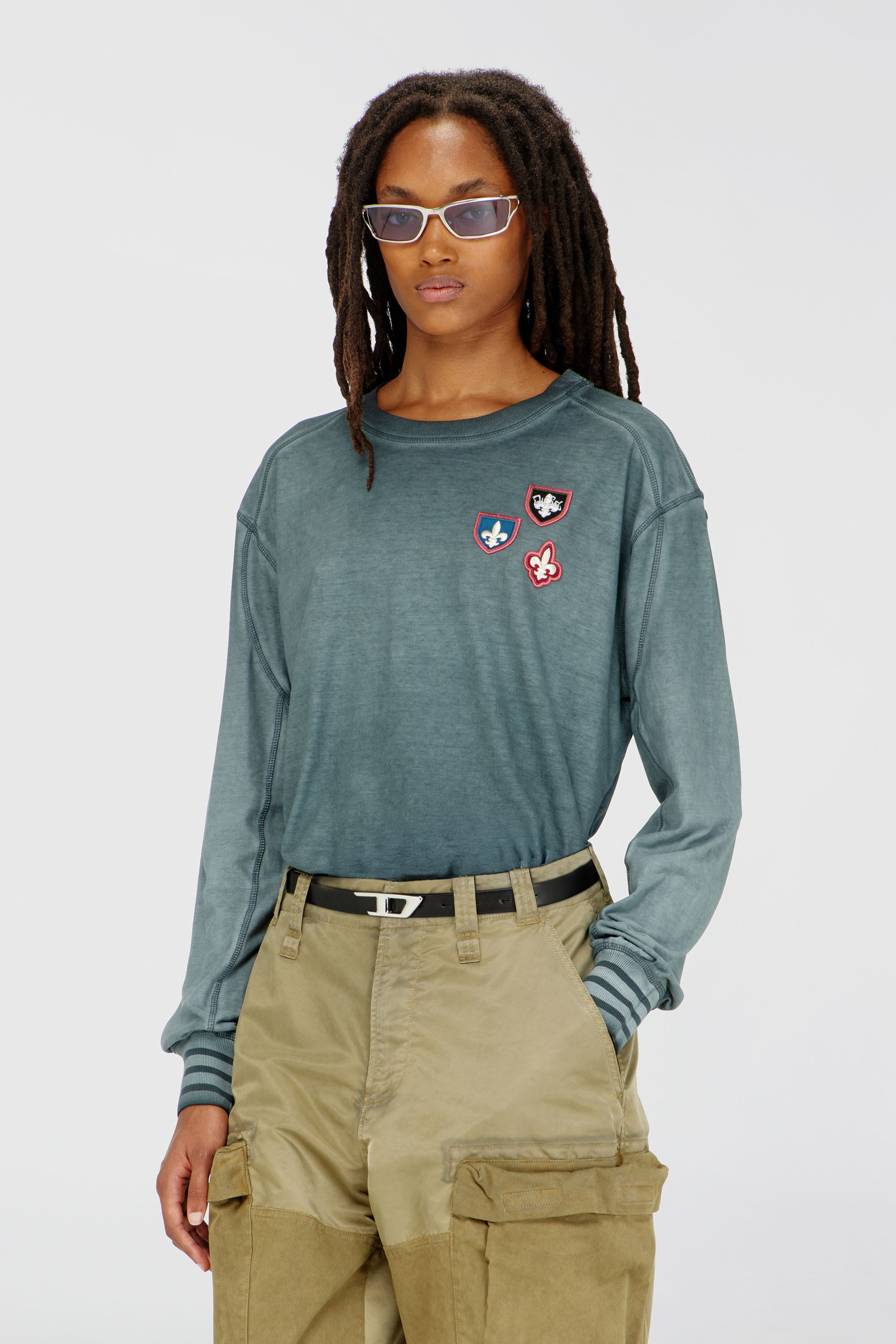 Diesel - T-BAWYE-LS, Woman's T-shirt with patches and microwaffle inserts in Dark Green - 3