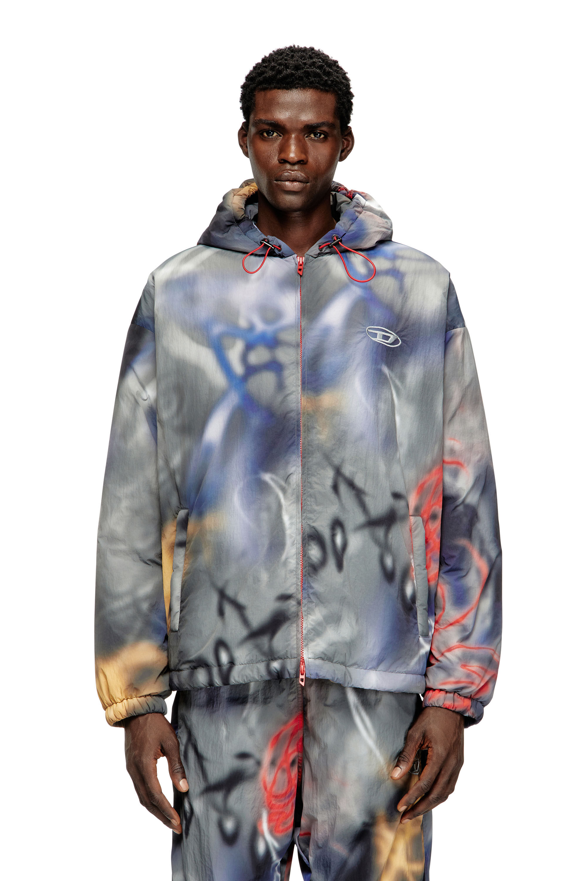 DIESELW-FLORES JACKET オーバーサイズ、サイズ:M Men's Padded windbreaker with graffiti print | Multicolor | Diesel