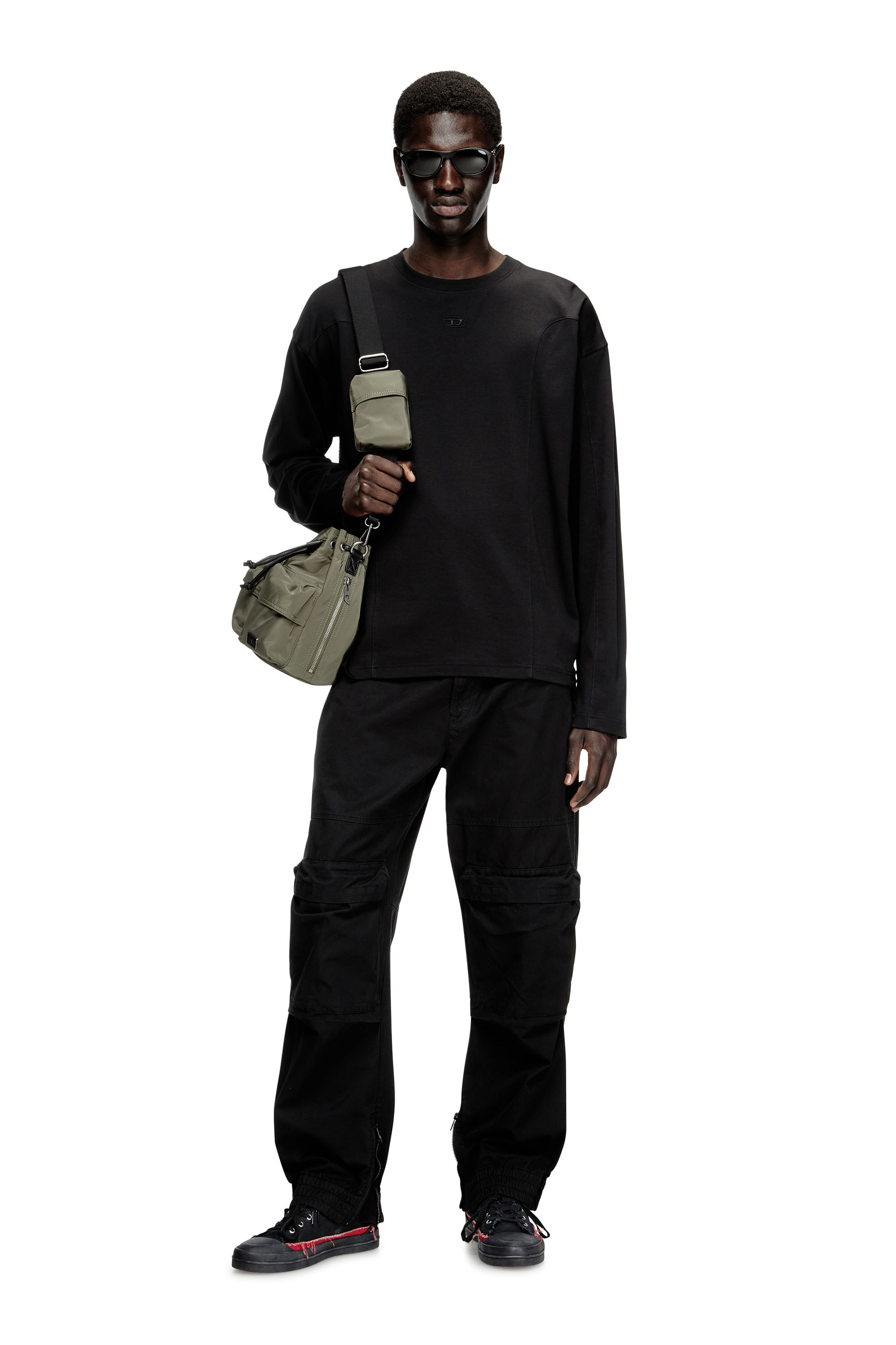 Men's Long-sleeve T-shirt with solid color panels | Black | Diesel