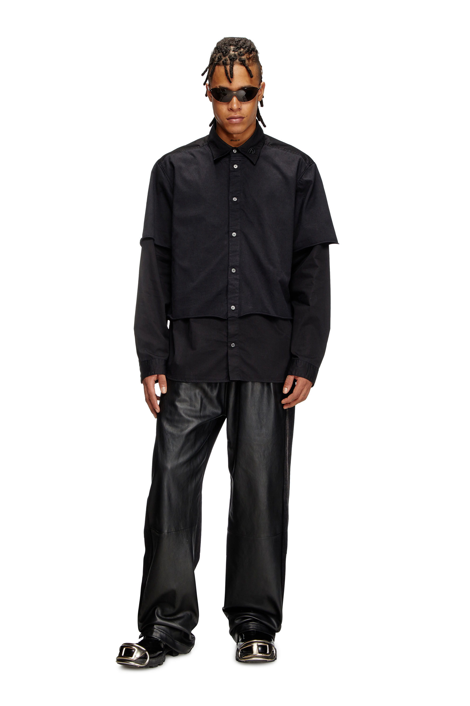 Diesel - S-GASTON-O, Man's Layered shirt in twill and jersey in Black - 1