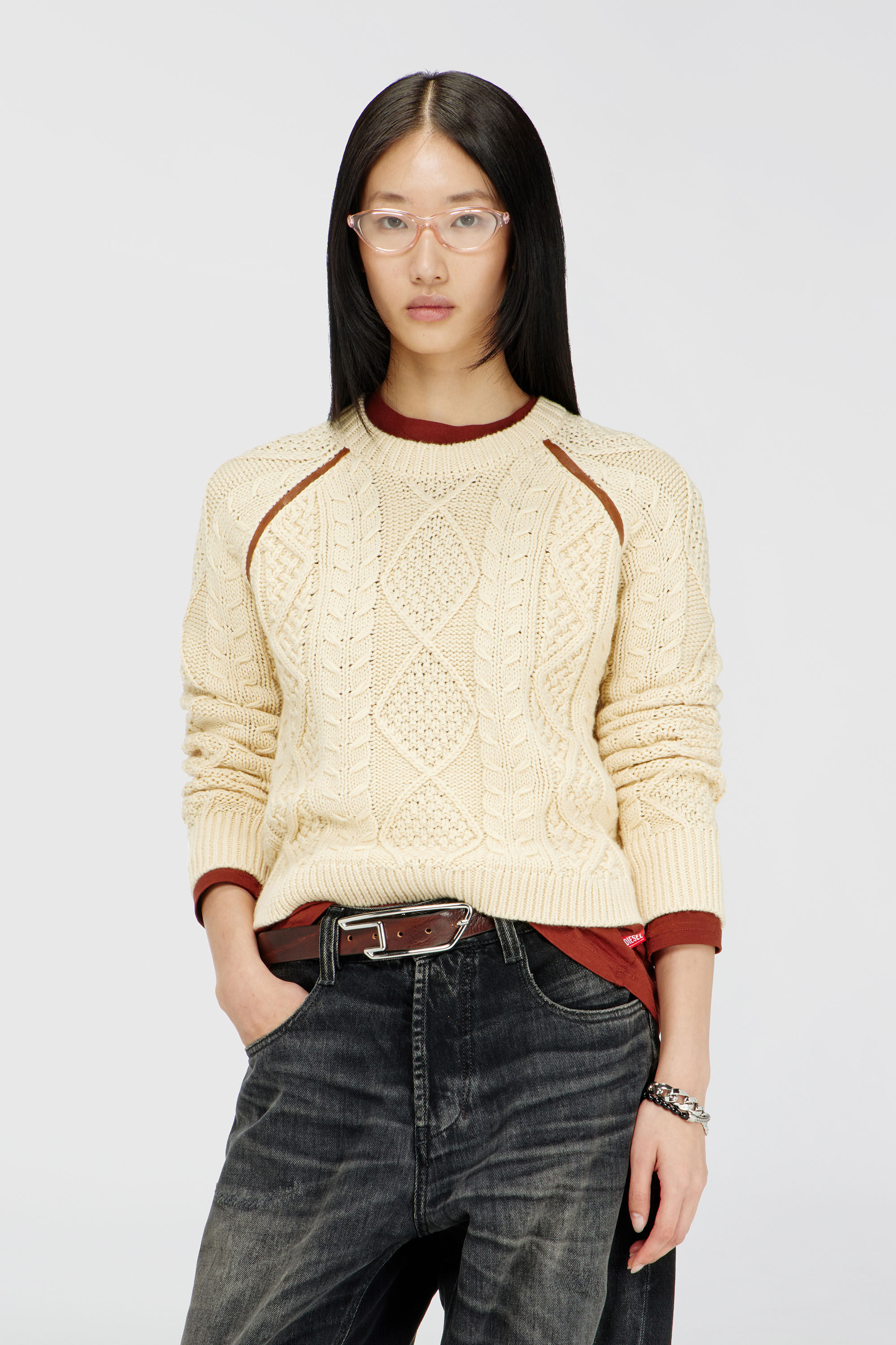 Diesel - M-INTANA, Woman's Cable-knit jumper with contrast bands in Yellow - 3