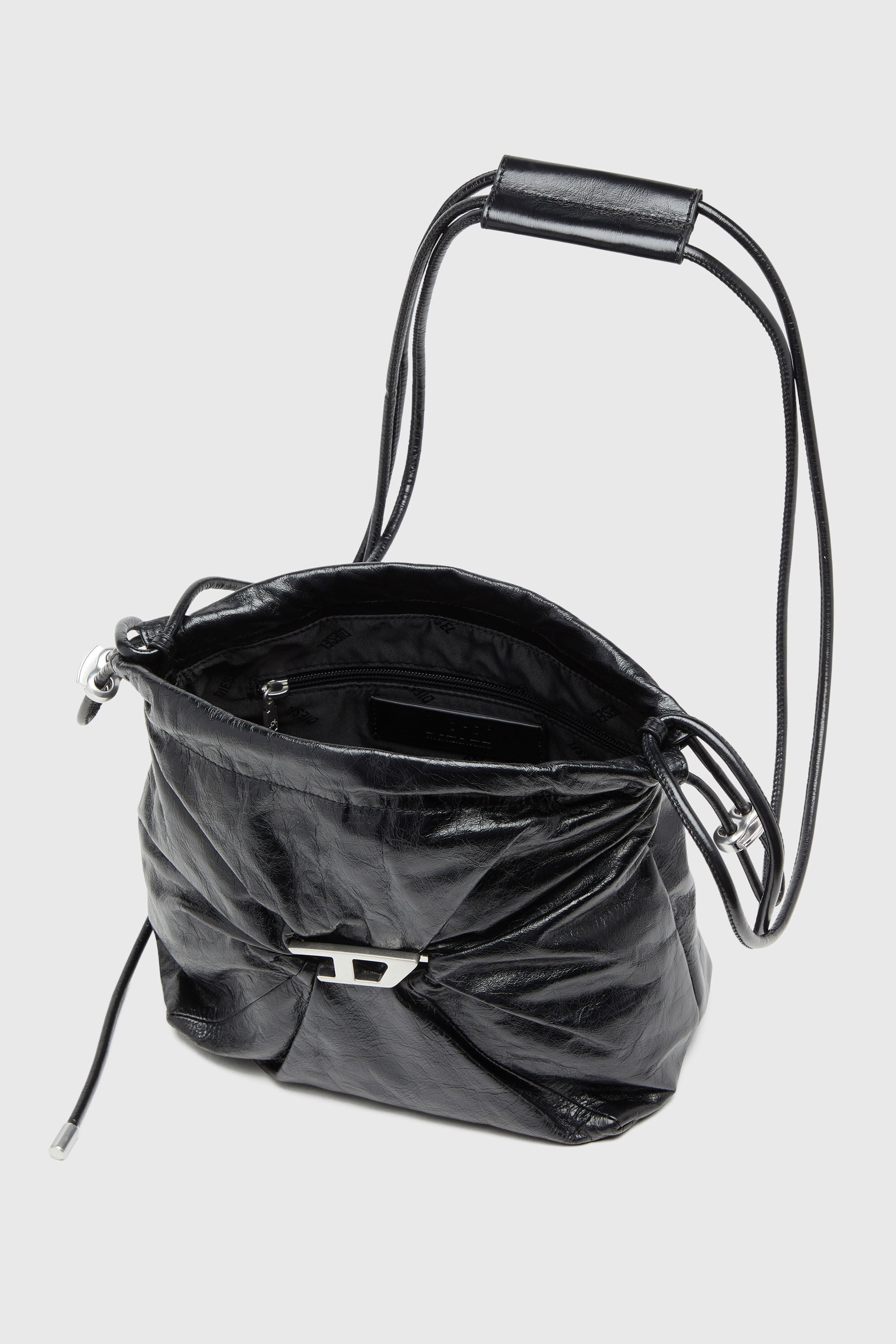 Diesel - SCRUNCH-D BUCKET, Woman's Scrunch-D-Bucket bag in shiny wrinkled leather in Black - 4