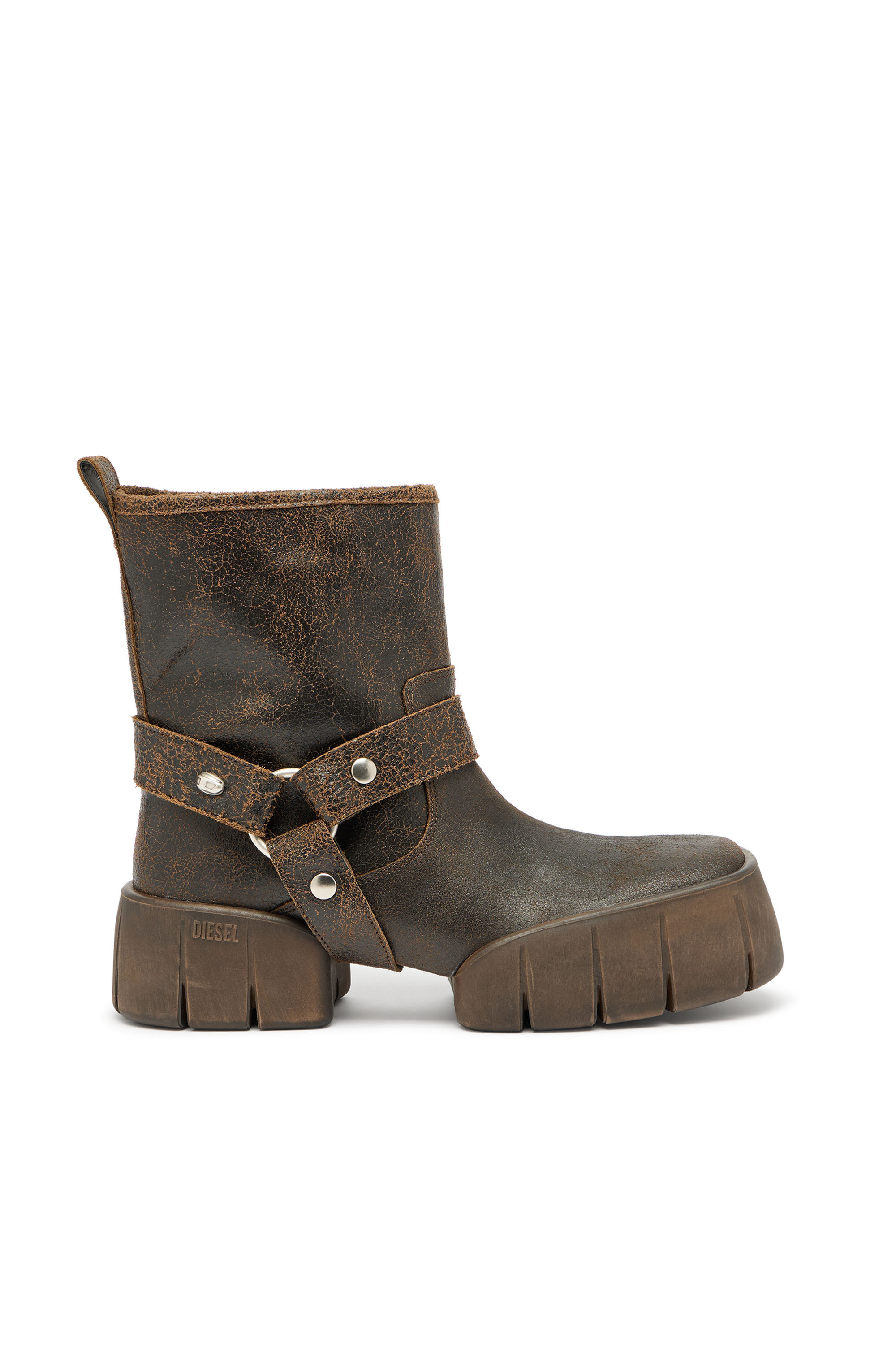 Diesel - D-TEX TU, Man's D-Tex-Biker boot in crackle leather in Brown - 1