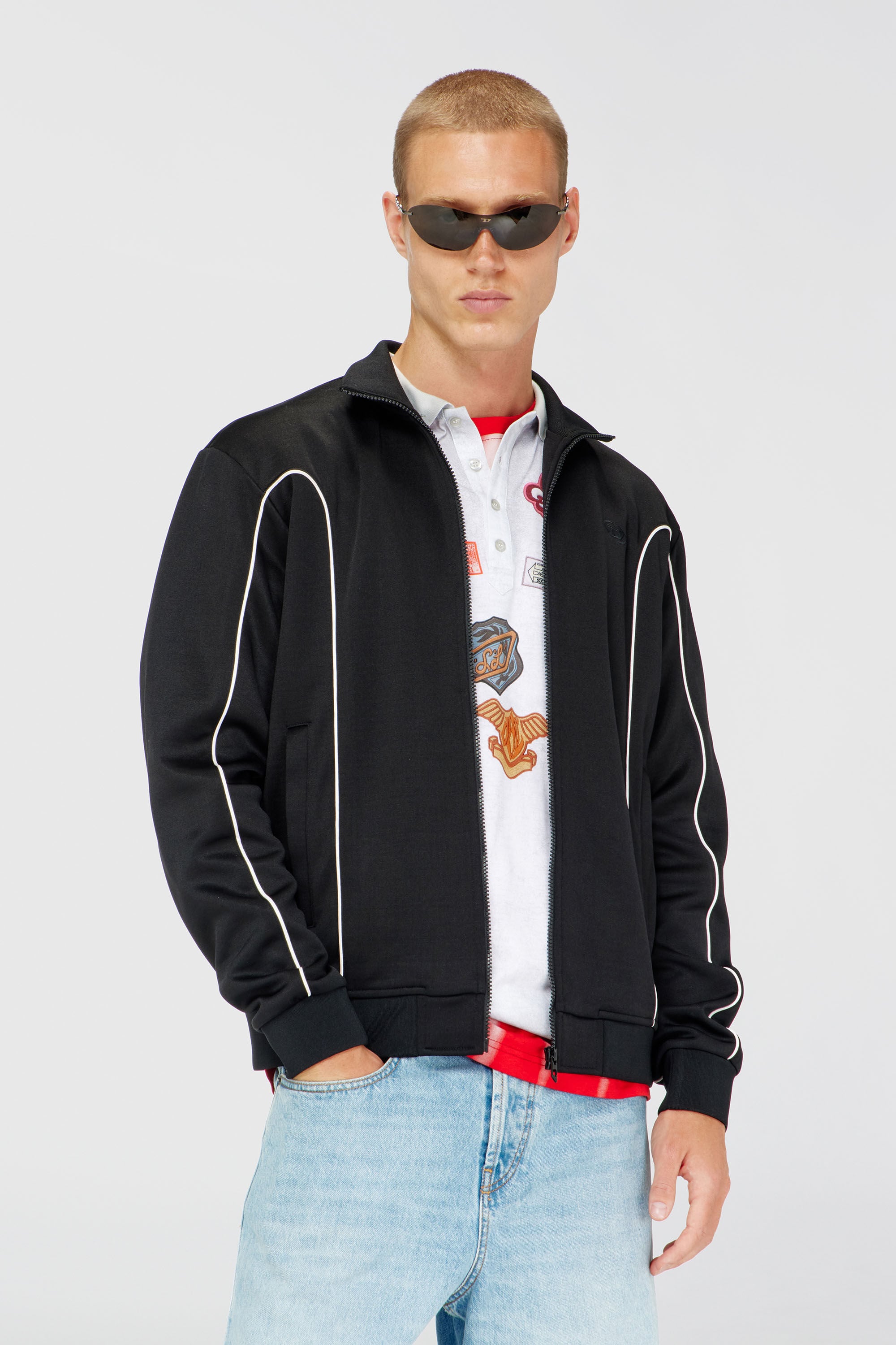 Diesel - S-LOCKING-DO, Man's Sweat fabric track jacket with contrast piping in Black - 3