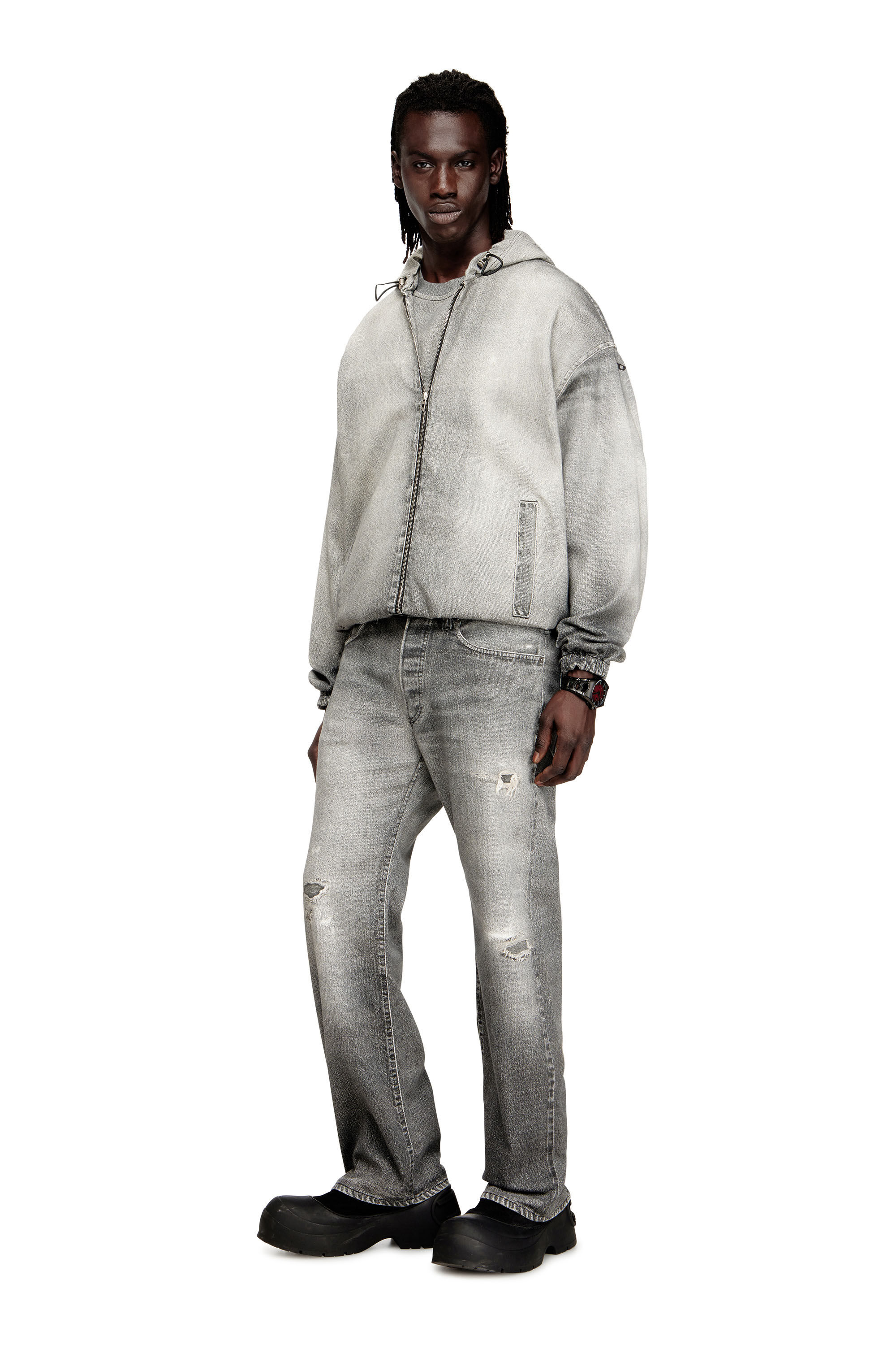 Diesel - D-WYNNY JOGG, Man's Hooded jacket in trompe l'oeil JoggJeans in Grey - 1