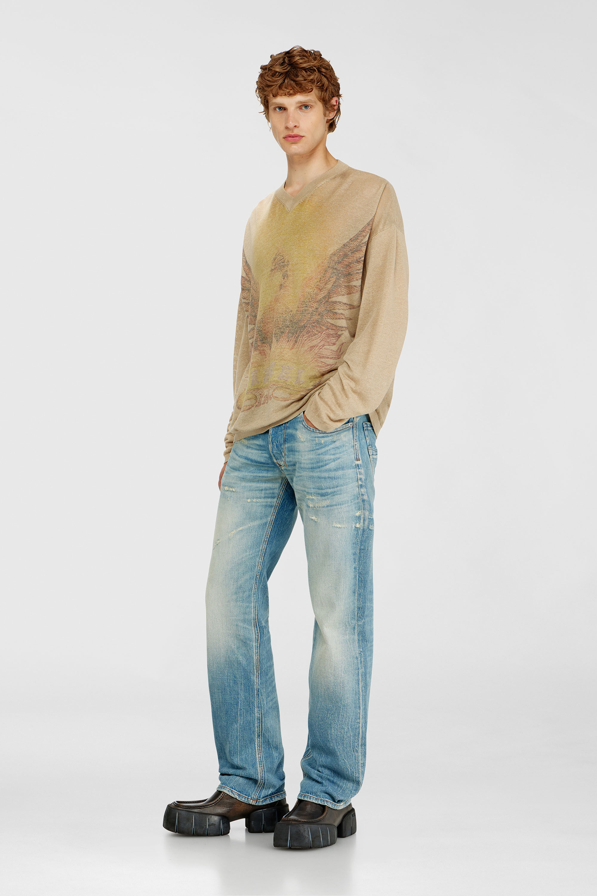 Diesel - K-ARMINS, Man's Linen jumper with faded Phoenix print in Beige - 1