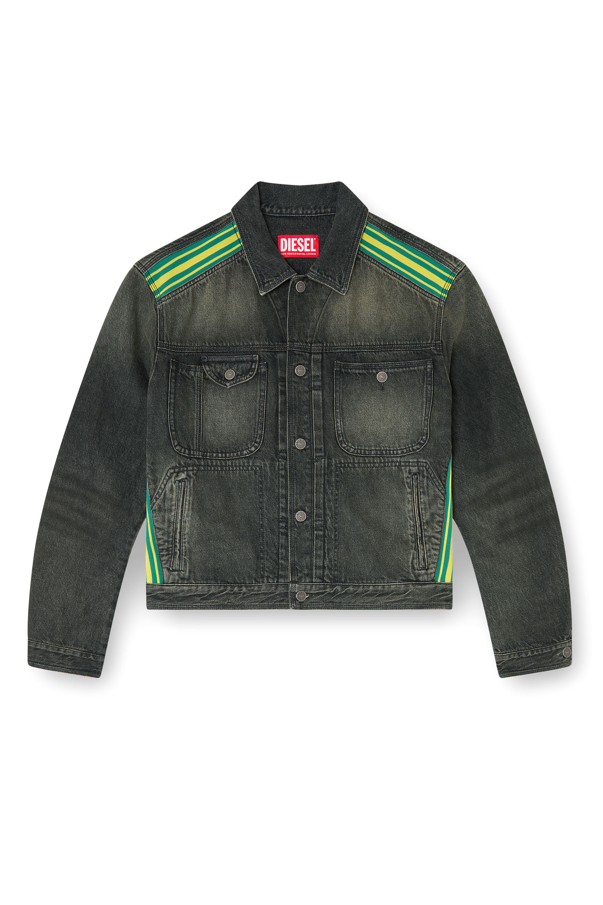 Diesel - D-BAS-FSJ1, Man's Trucker jacket with striped shoulder bands in Black/Dark grey - 2