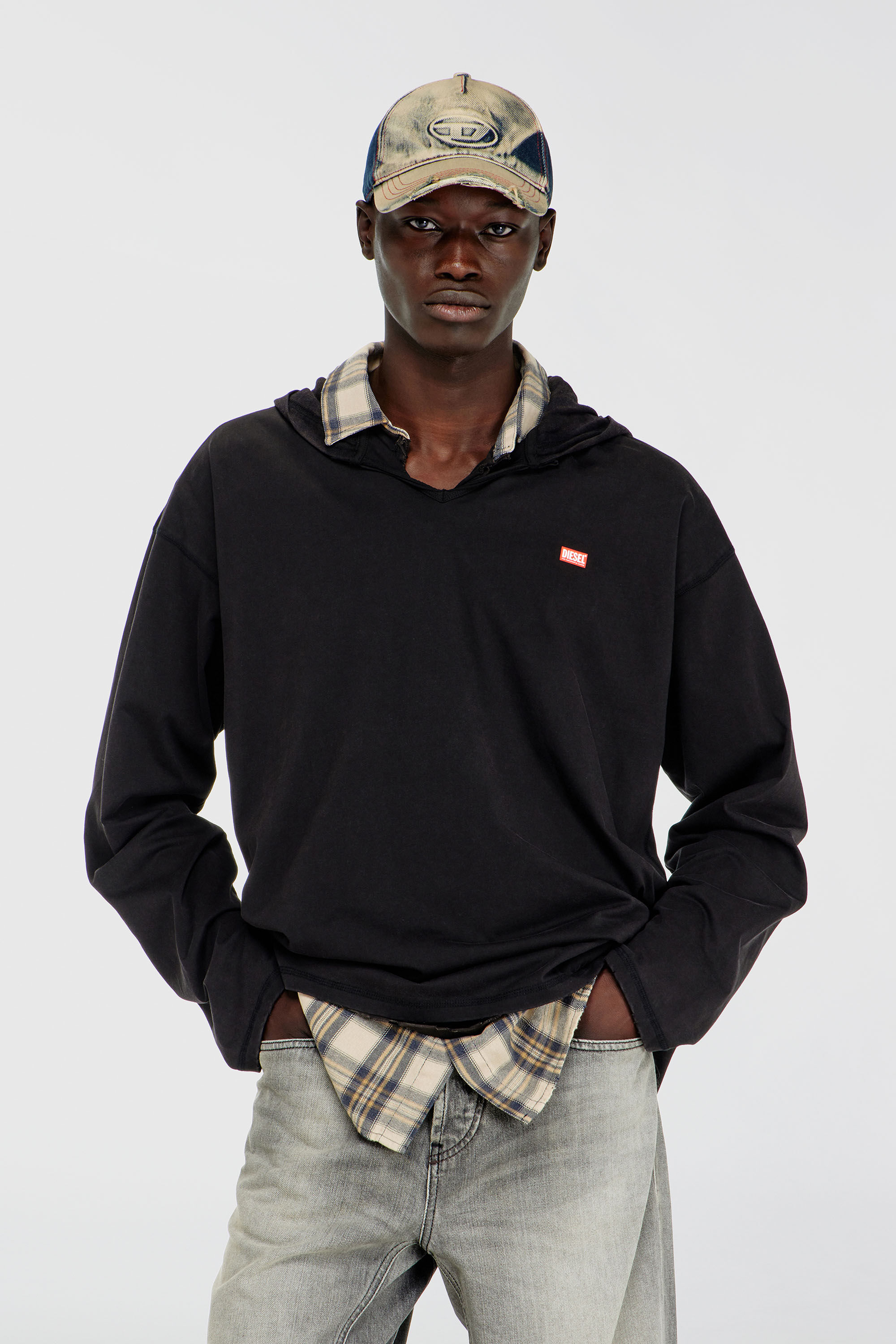 Diesel - T-BOXT-LS-HOOD-CHECK, Man's Long-sleeve T-shirt with flannel hood in Black - 3