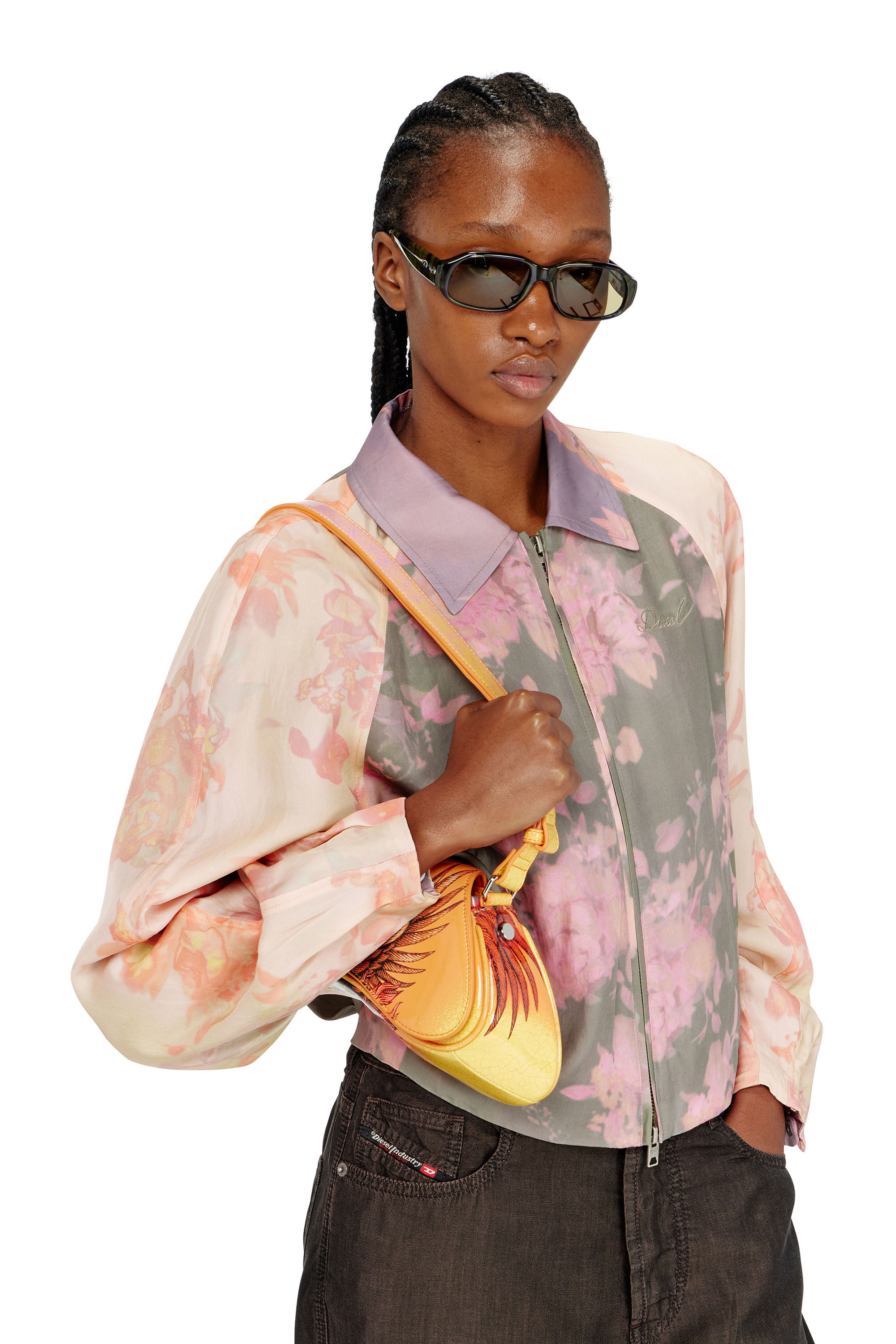 Diesel - G-ALENA, Woman's Floral bomber jacket in crinkled acetate in Green/Pink - 5