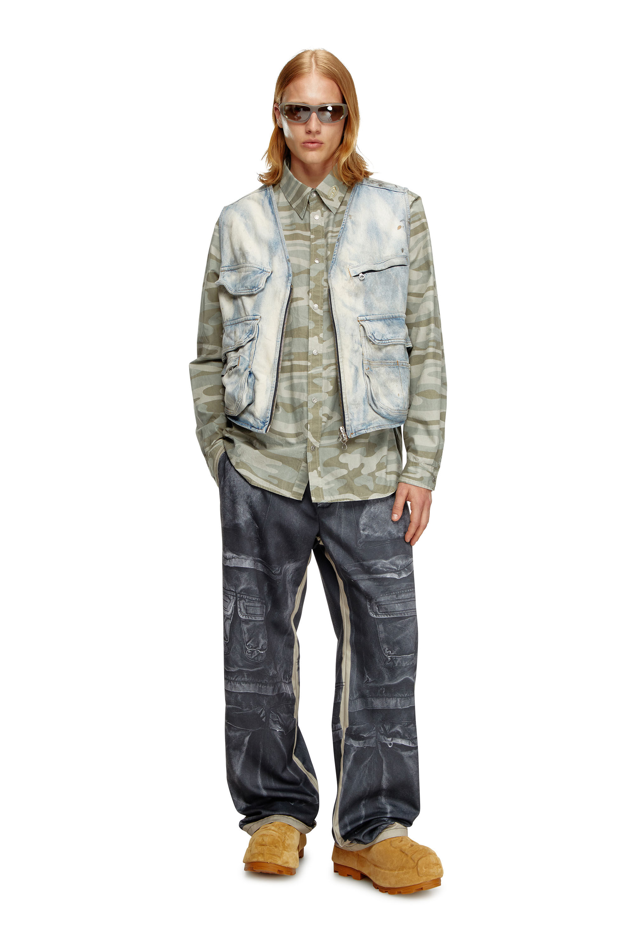 Diesel - S-HOLTE, Man's Poplin shirt with camo print in Military Green - 1
