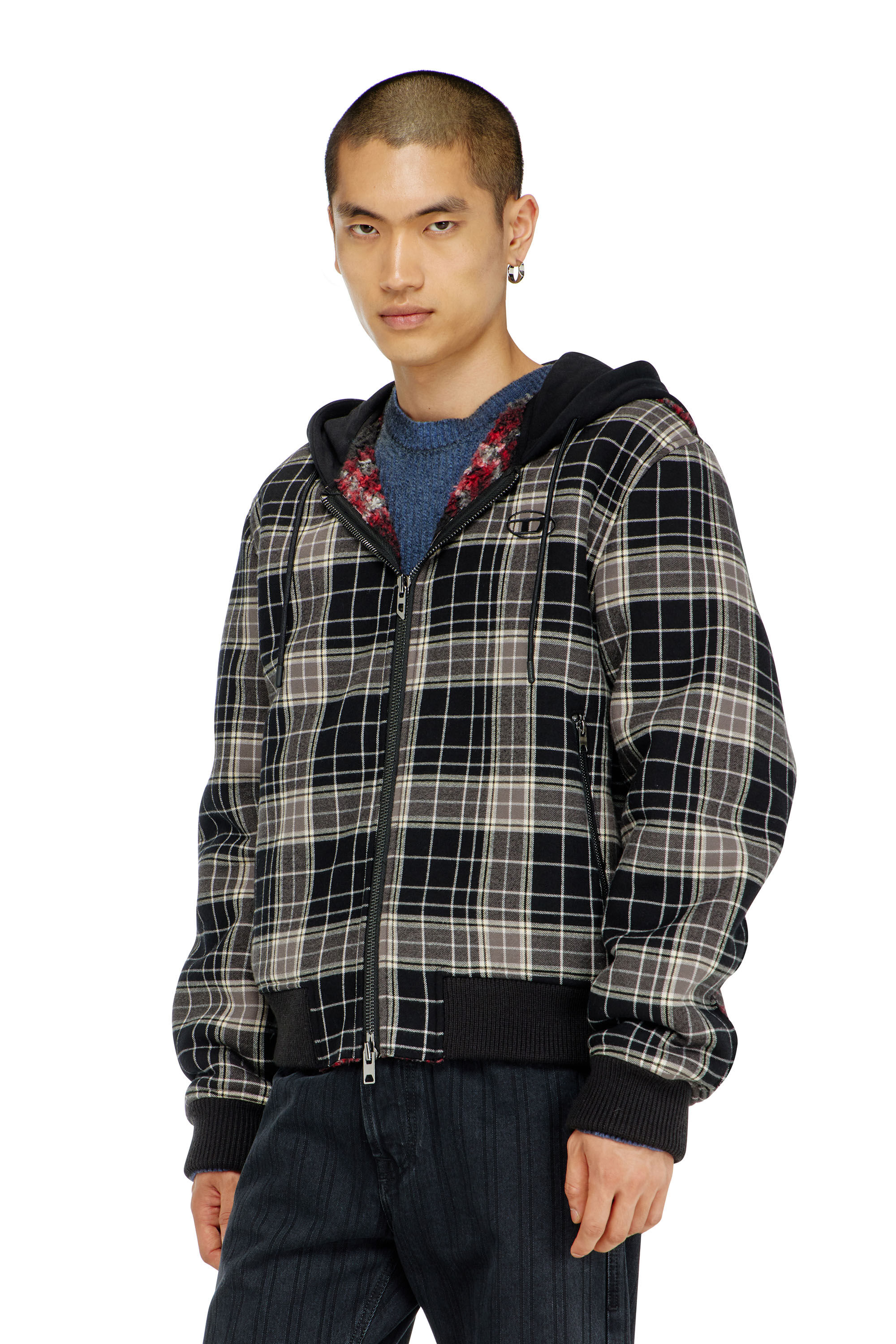 Diesel - W-KUNST, Man's Check-flannel bomber jacket with teddy interior in Grey/Black - 3