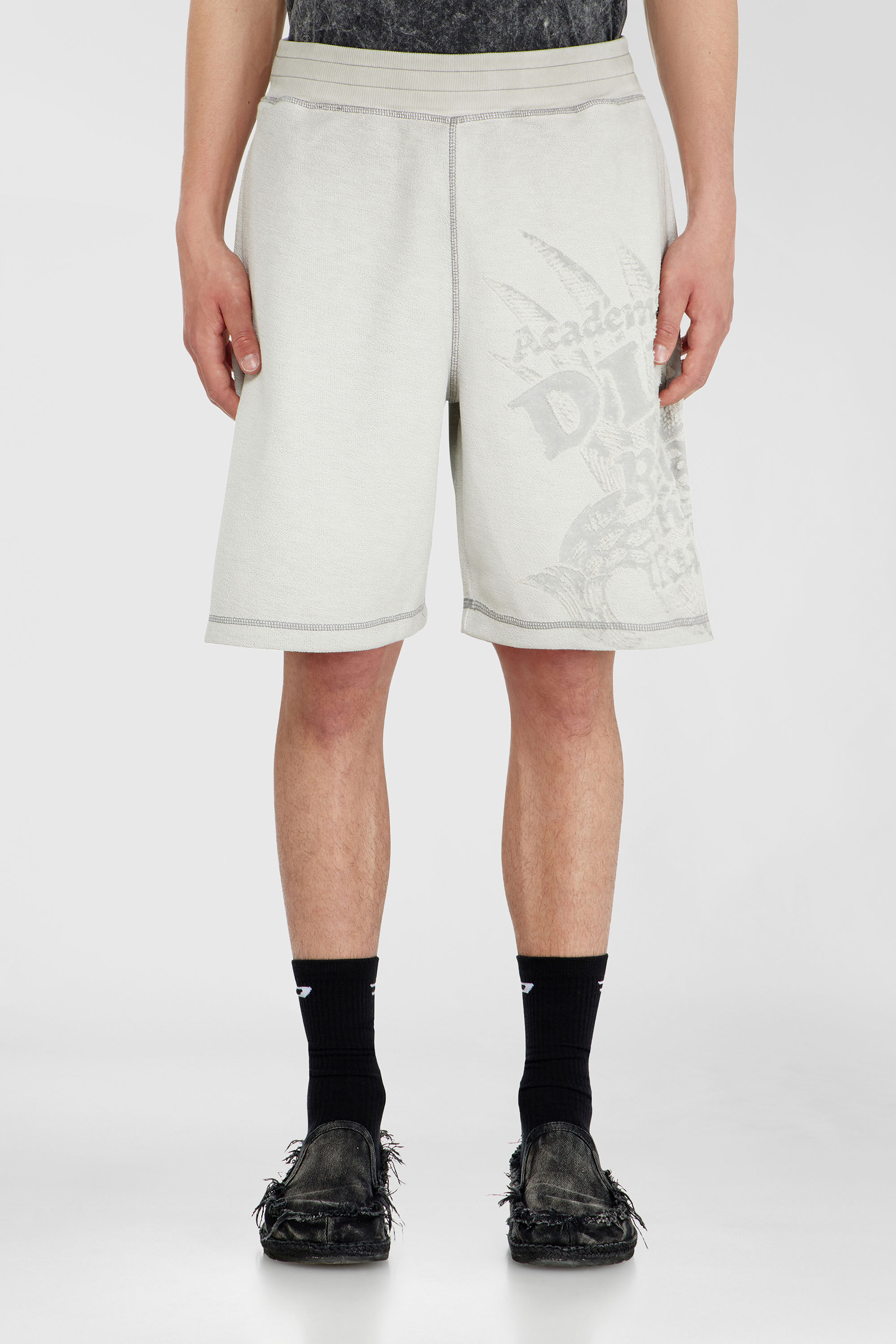 Diesel - P-RAWCROW, Man's Sweatshorts with d&eacute;vor&eacute; motifs in Light Grey - 3