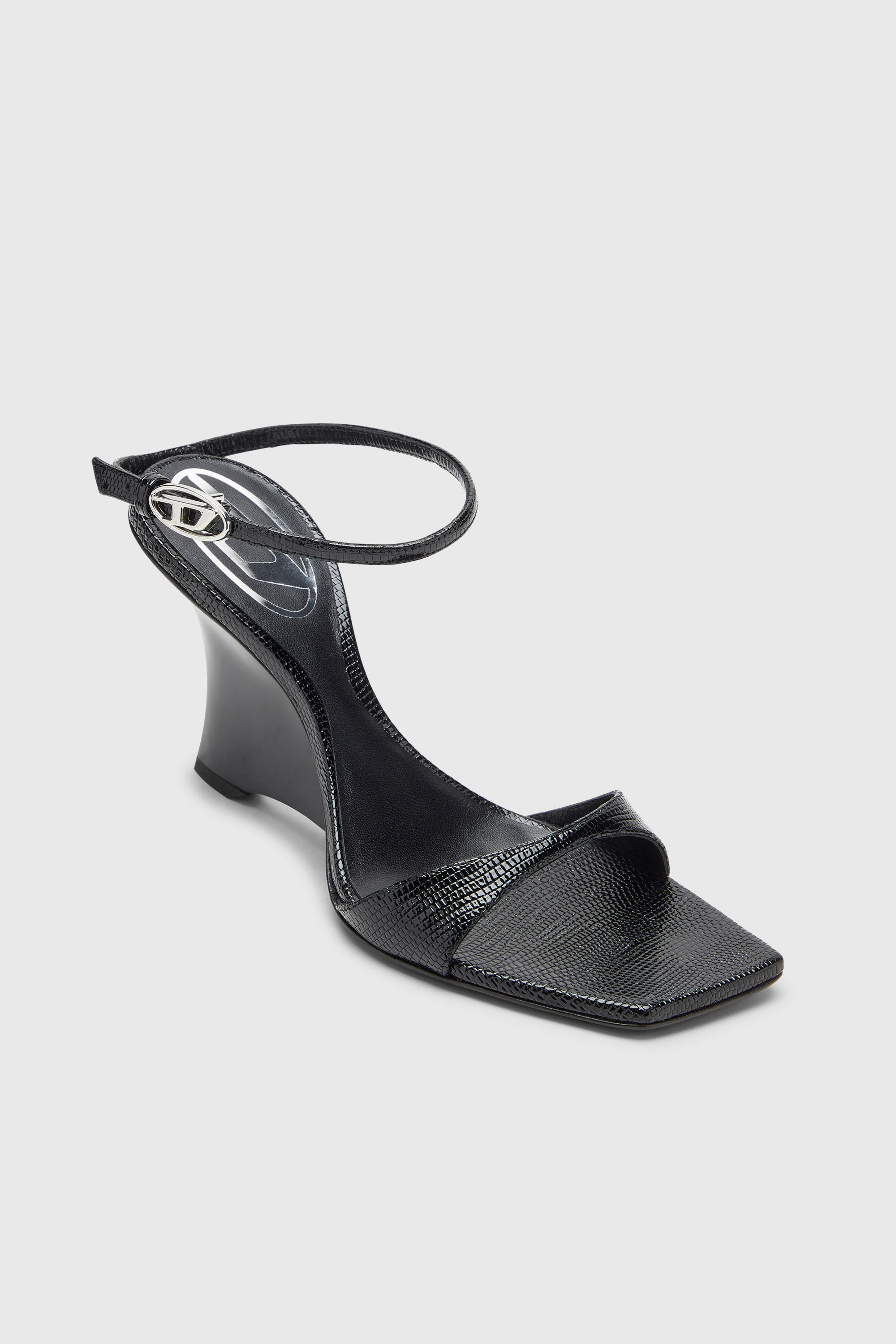 Diesel - D-AMBER SANDAL WEDGE, Woman's D-Amber-Wedge sandals in lizard-effect leather in Black - 4
