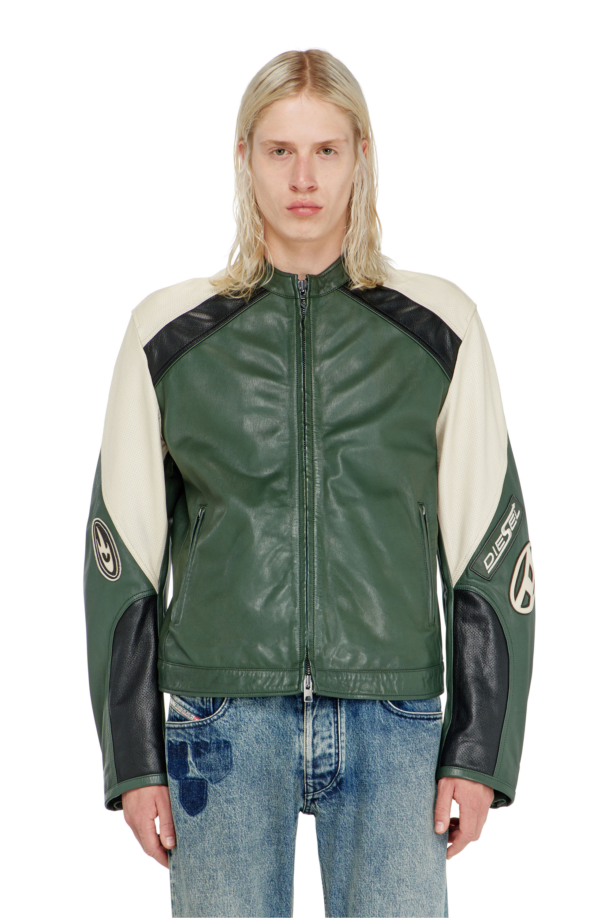 Diesel - L-AHTI, Man's Biker jacket in colour-block perforated leather in null - 5