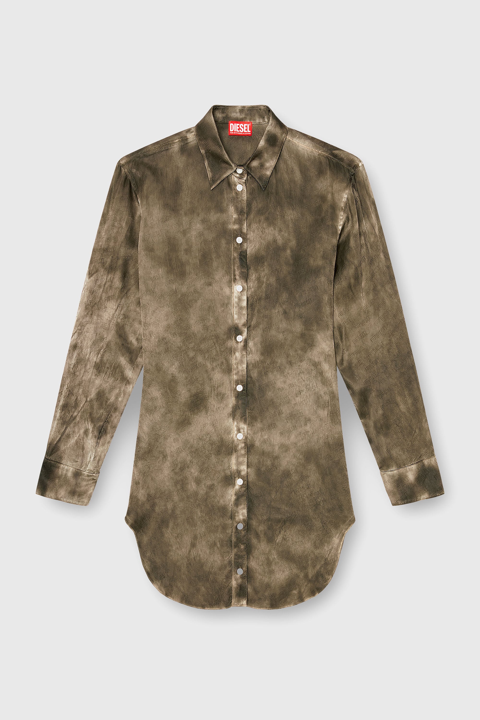 Diesel - C-LAVEL, Woman's Long shirt in logo-jacquard crinkled satin in Military Green - 2