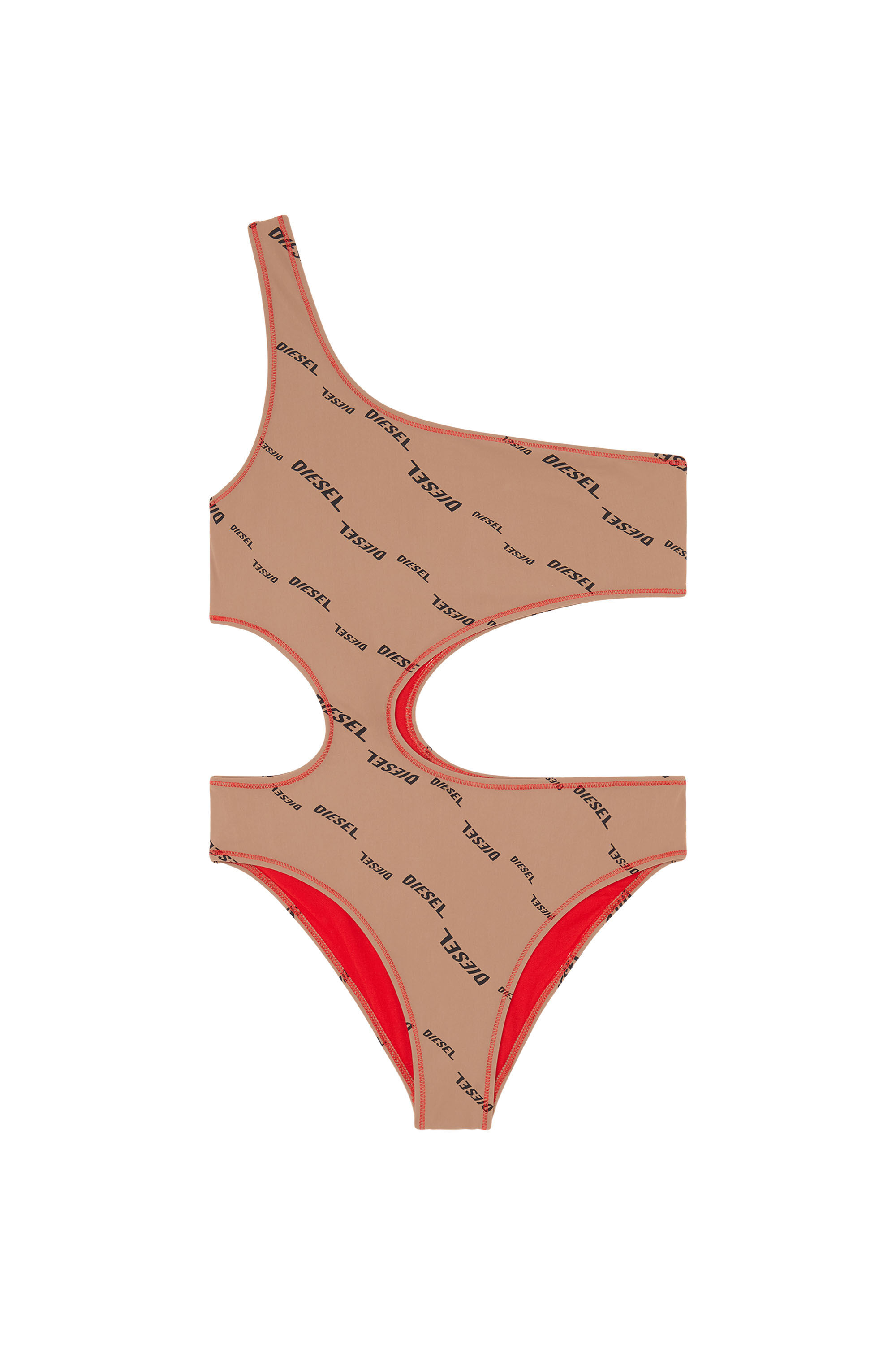 Diesel - BFSW-ROWANDA, Woman's Nude swimsuit with logo print in Light Brown - 1