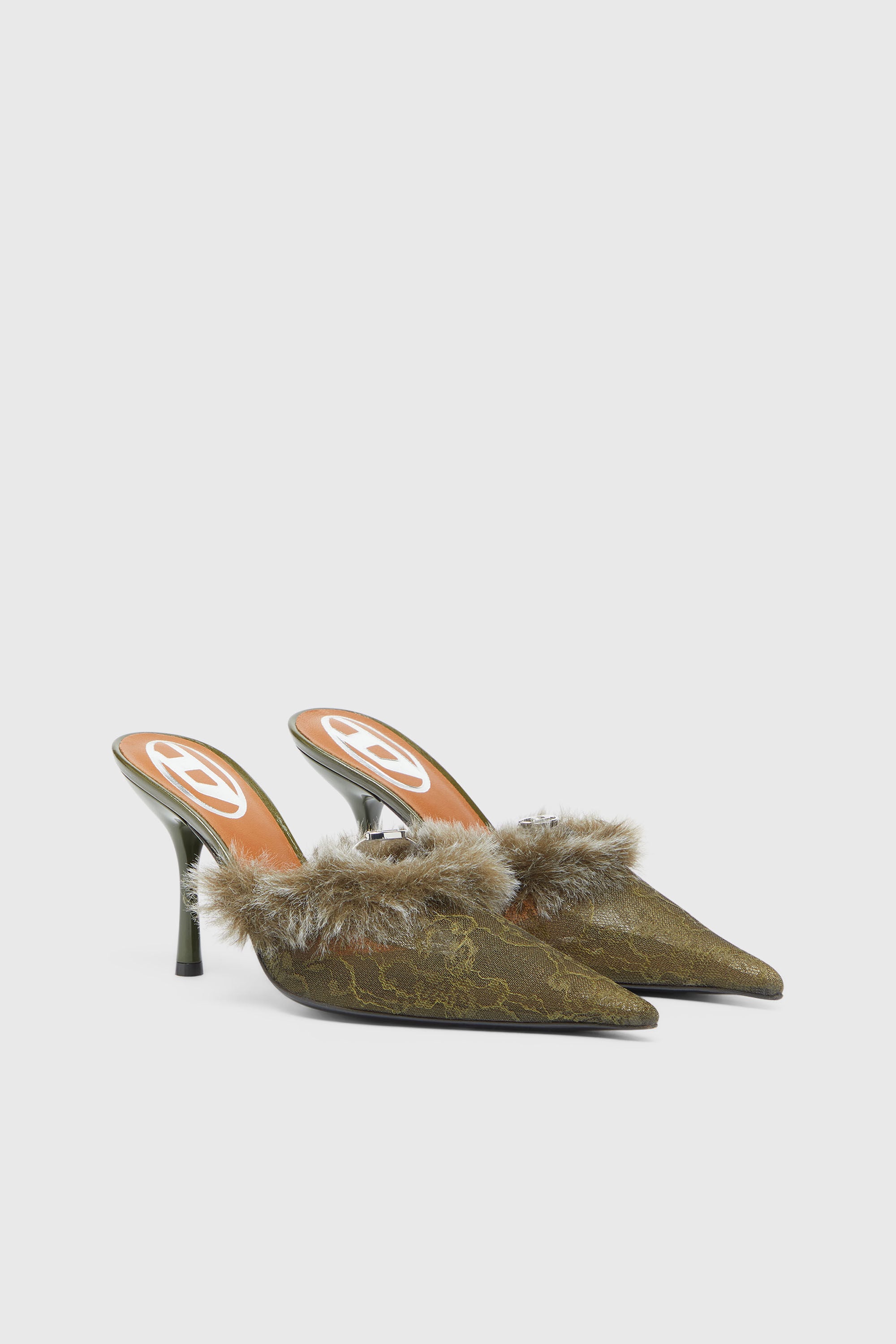 Diesel - D-JEWELS  MULE FUR 90, Woman's D-Jewels - Mules in nylon with fuzzy trim in Military Green - 2