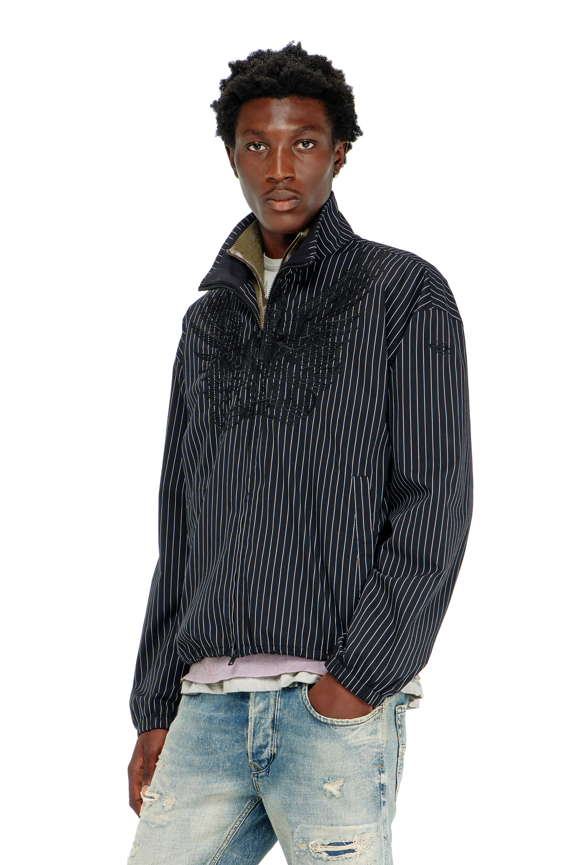 Diesel - J-CORSAR-NJCA, Man's Nylon pinstripe Jacket with Phoenix embroidery in Black - 3