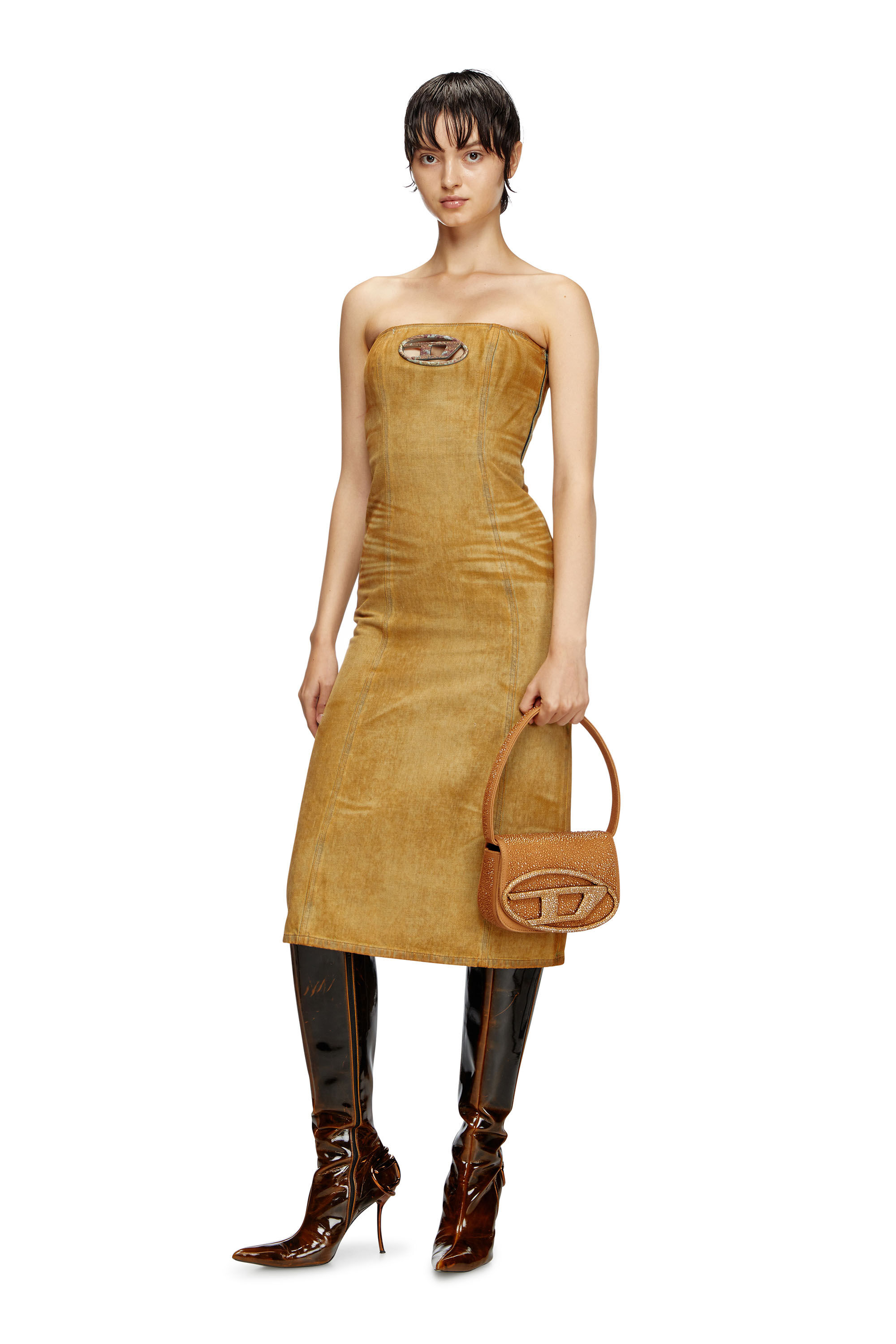 Diesel - DE-VILDRESS-FSF, Woman's Denim midi dress with rust-effect logo in Light Brown - 1