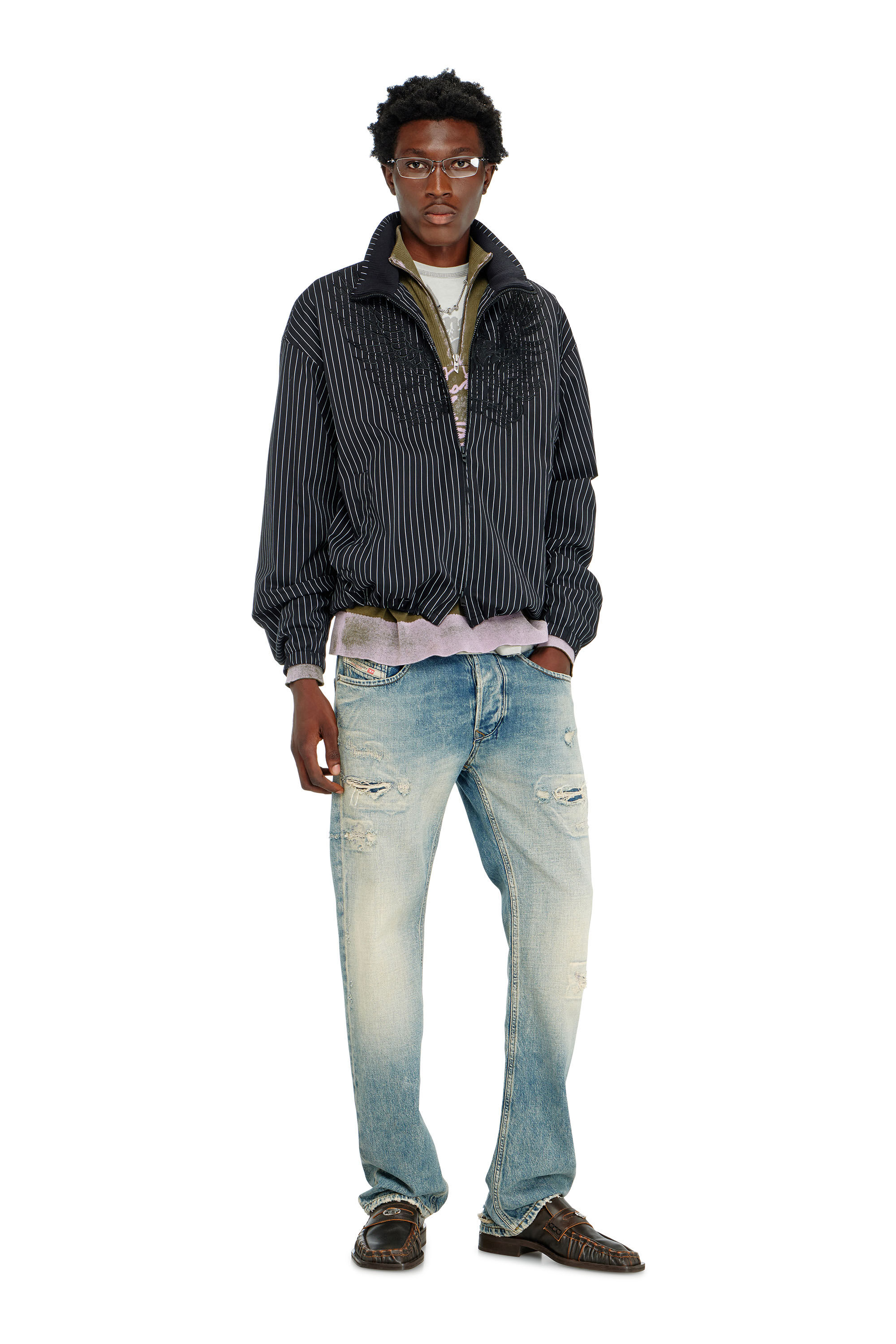 Diesel - J-CORSAR-NJCA, Man's Nylon pinstripe Jacket with Phoenix embroidery in Black - 1
