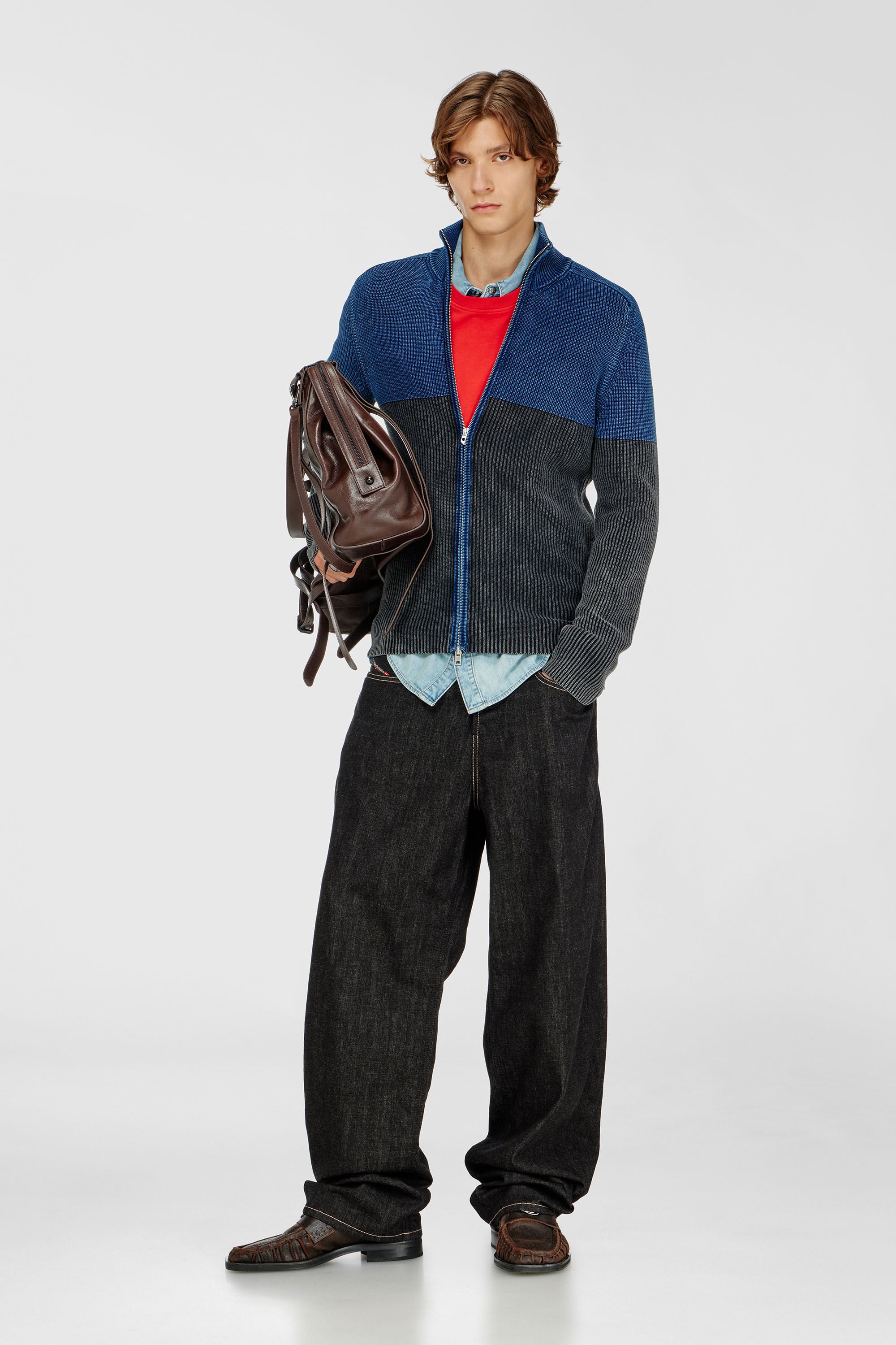 Diesel - K-HERMOS, Man's Zip-up cardigan with two-tone denim effect in Black/Blue - 1