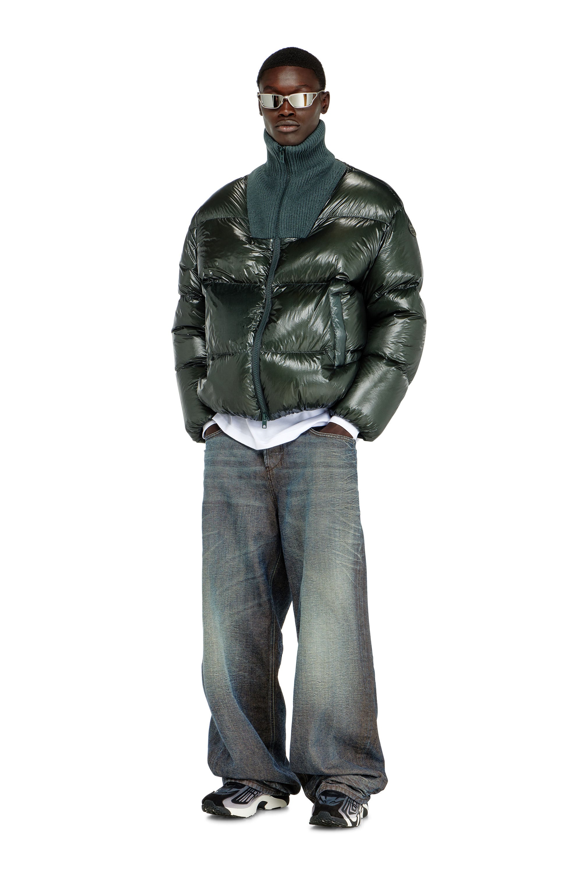 Diesel - W-RIBB, Man's Down puffer jacket in ripstop with ribbed collar in Dark Green - 2