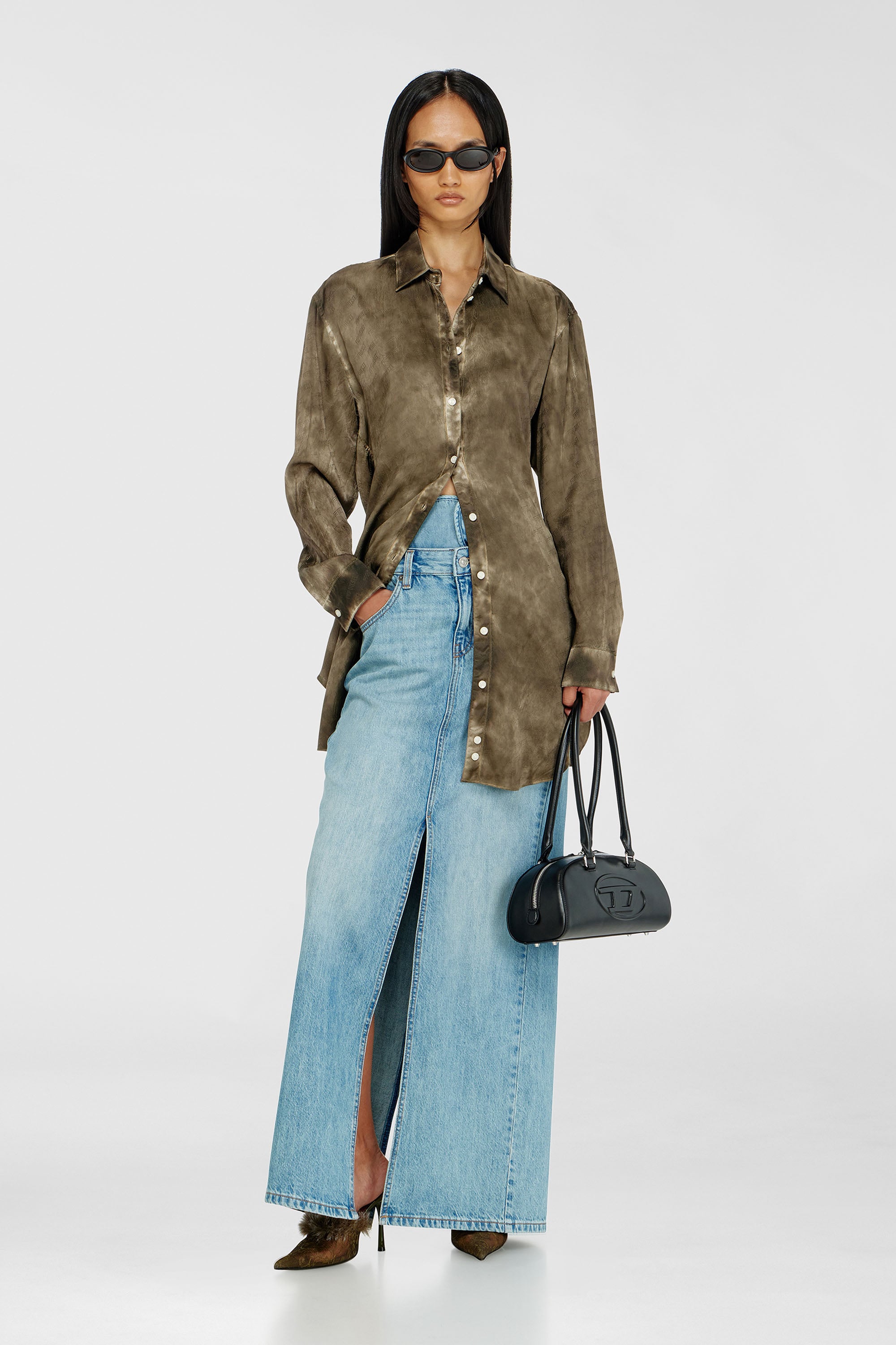 Long shirt in logo-jacquard crinkled satin