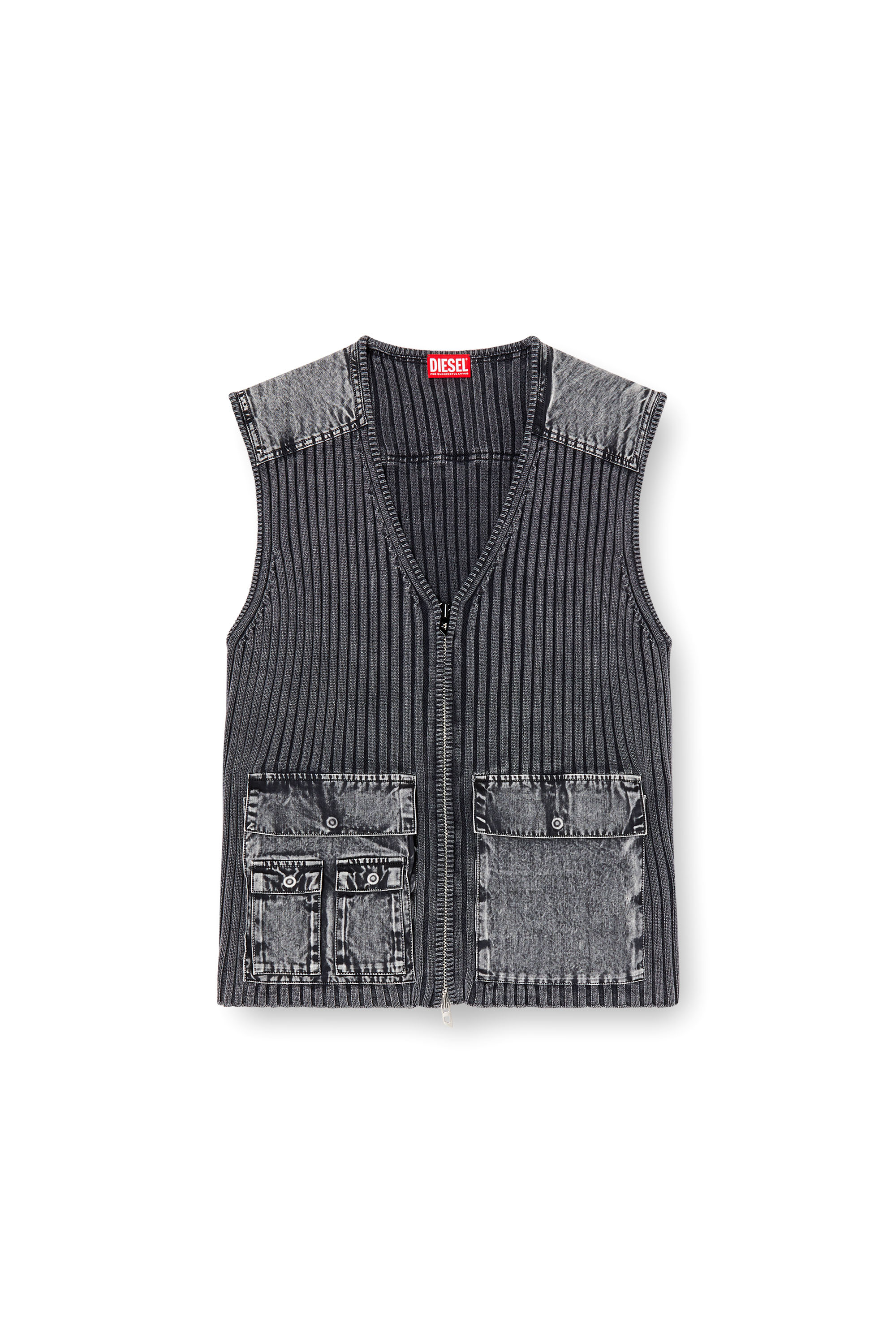 Diesel - K-MARGIE, Man's Utility vest in ribbed knit and denim in Dark grey - 3