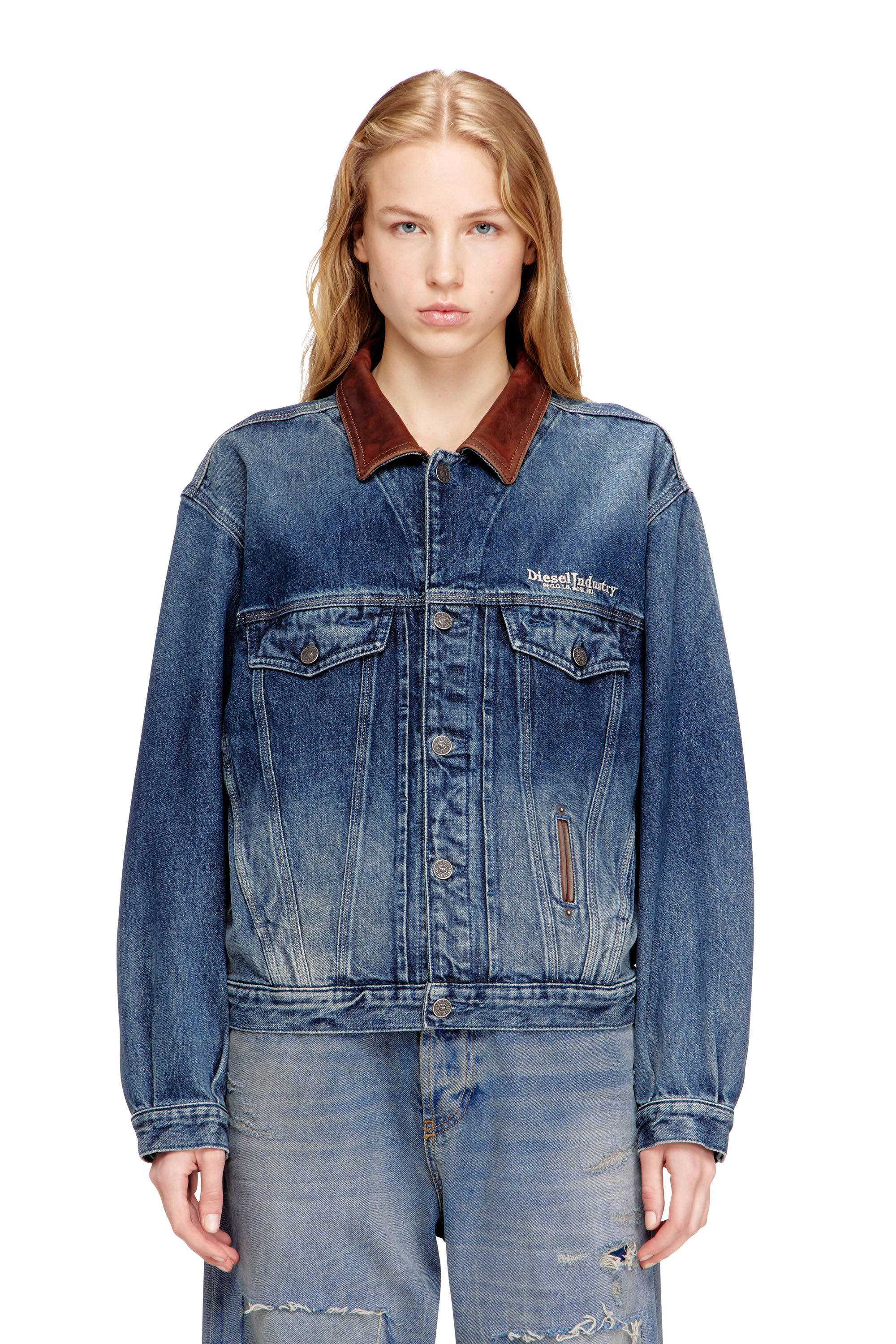 Diesel - D-DENVER-S1, Unisex's Denim trucker jacket with contrast leather trims in null - 1
