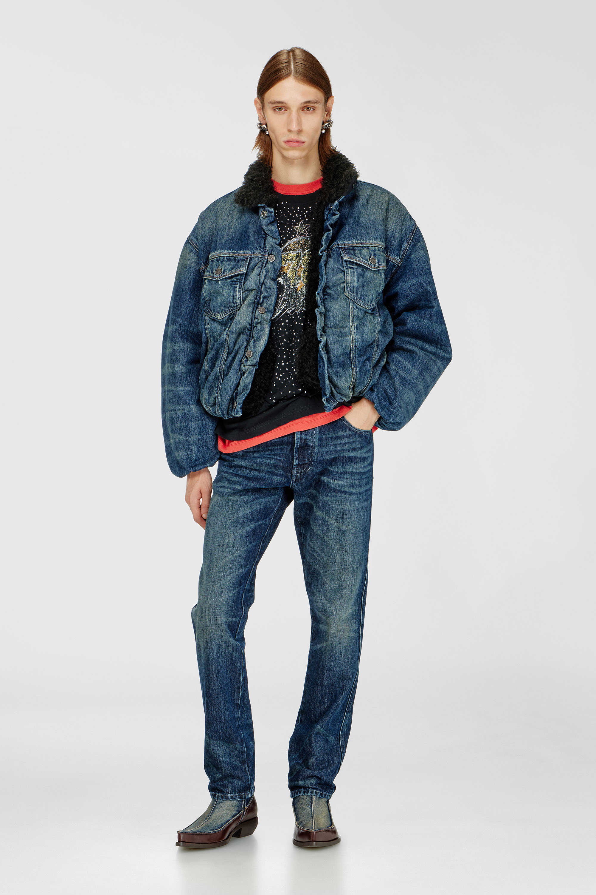Diesel - D-CURLY-FSJ1, Unisex's Teddy-lined trucker jacket in denim in Dark Blue - 1