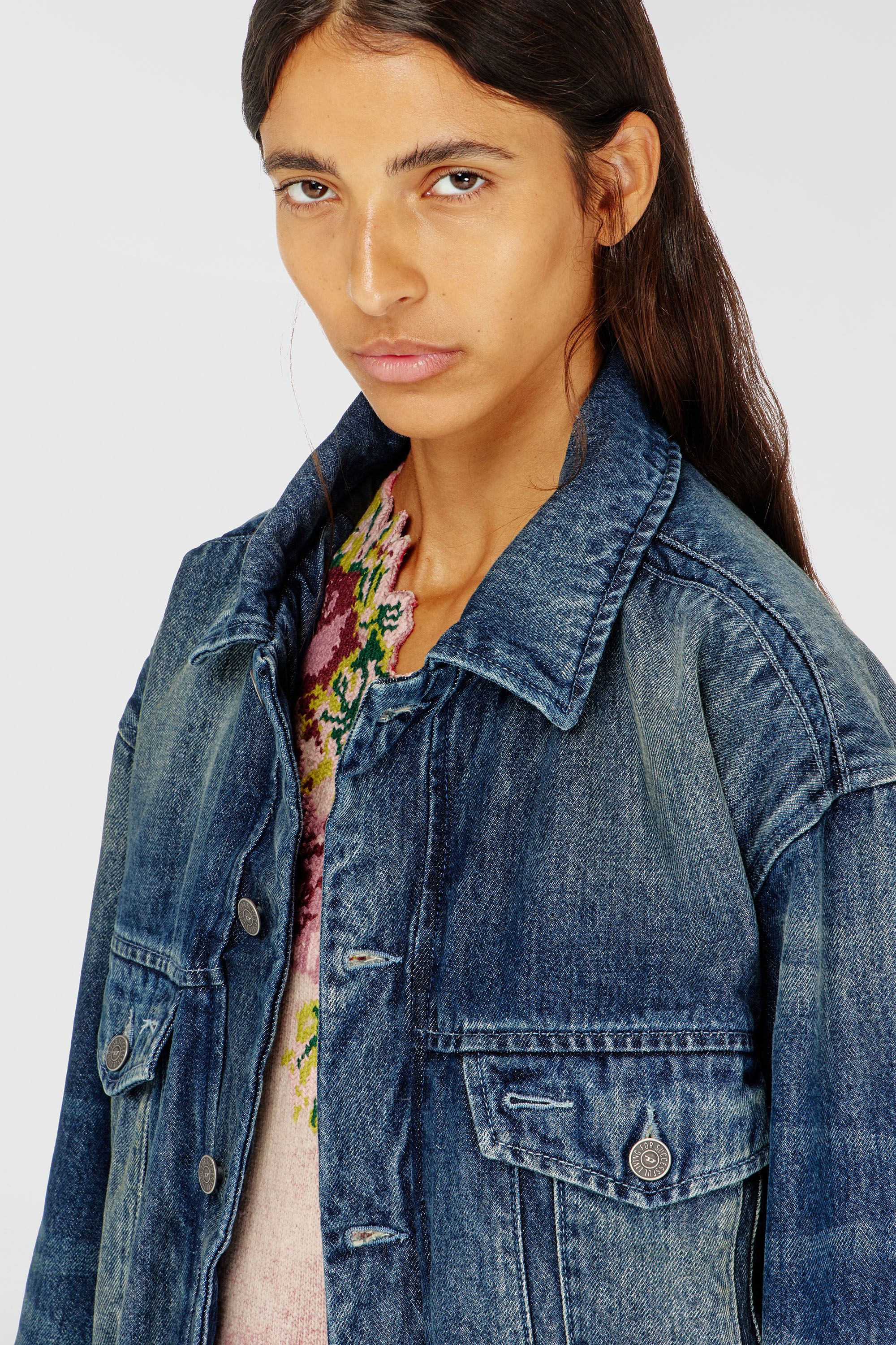 Diesel - DE-MORVI-FSJ, Woman's Elasticated trucker jacket in denim in Dark Blue - 5