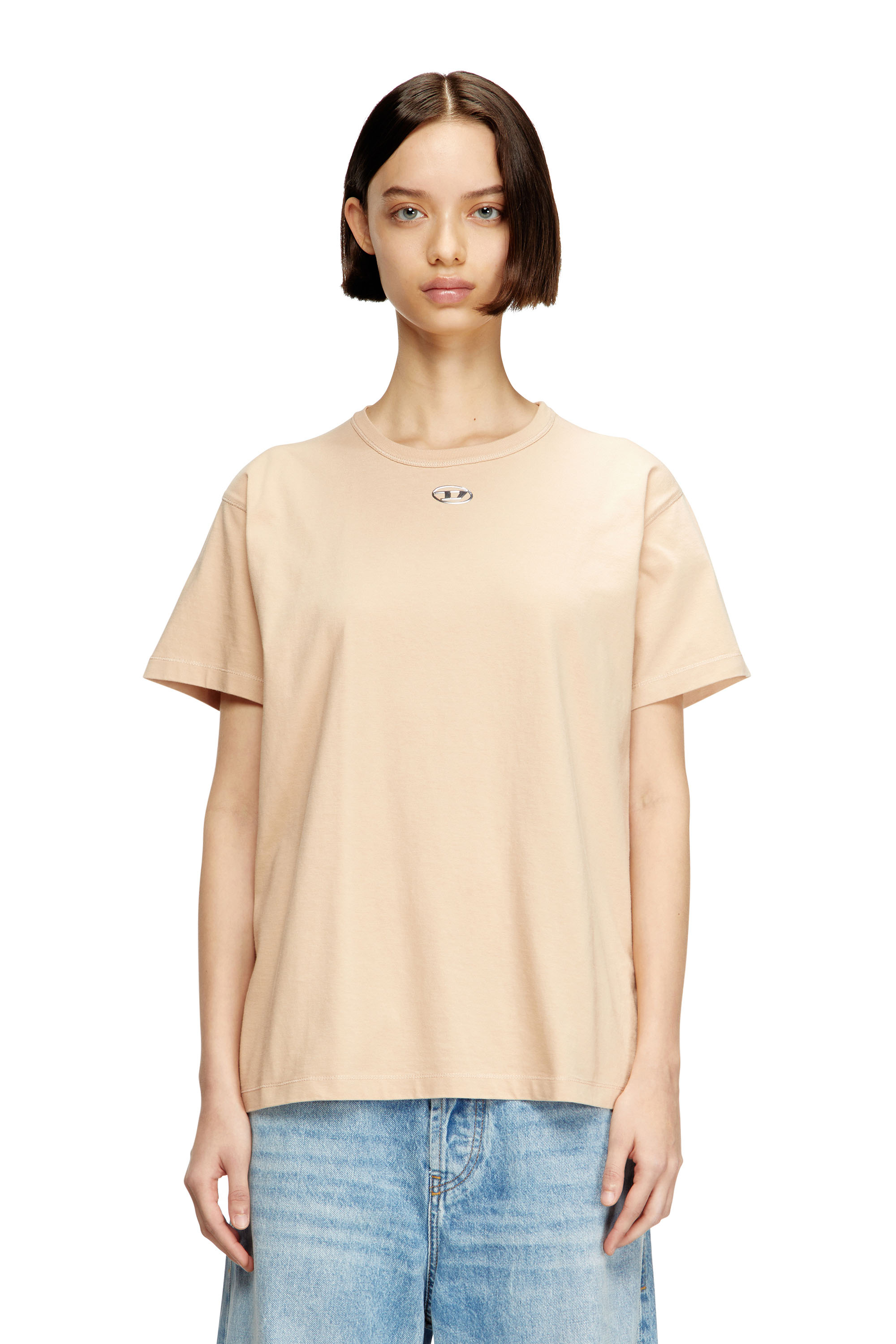 Diesel - T-NORMY-OD-S1, Woman's Cotton T-shirt with metallic Oval D in Beige - 3